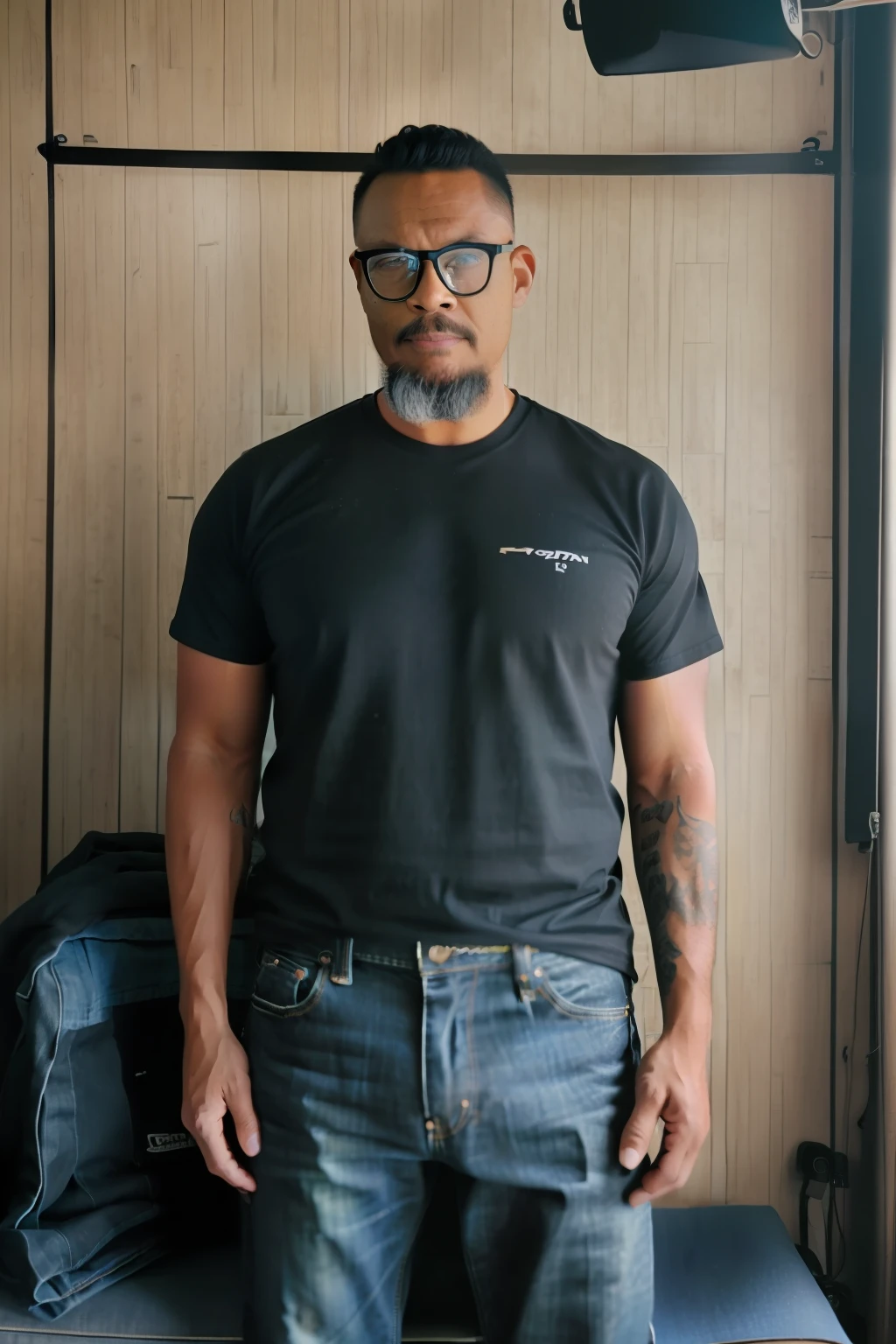 guttonerdvision12, RAW photo, a man wearing glasses sitting on a chair, ((wearing a black t-shirt and jeans)), masculine pose in a photo studio, 105mm professional photography, analog photography, vintage style, chiaroscuro lighting, (high detailed skin:1.2), 8k uhd, dslr, soft lighting, high quality, film grain, Fujifilm XT3