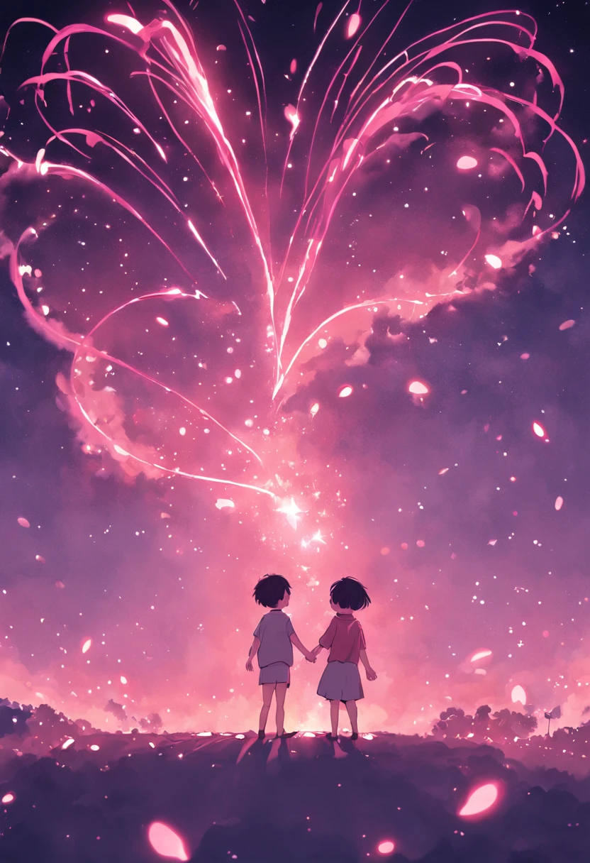 the night,in pink,Fireworks all over the sky,Heart-shaped bubbles, couple,comic strip,Chubby littl and little boy g each other,Glowing fireflies fly around,,pretty and cute,Kids Illustration,glow effect,dingdall effect,depth of fields,highlight,Real Light,Ray traching,OC rendering,Hyper-realistic,best qualtiy,8K,Works of masters,super-fine,Detailed pubic hair,Correct anatomy,sharp focus on eyes,Bokeh,Facial features are carefully drawn