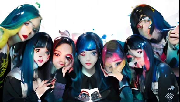 Estudante, belos olhos detalhados, colorido, vivid colors, ((7meninas: 1.5)), Absurdidade, Qualidade Superior, cabelo listrado, Estudante, Latest fashion, (grafity: 1.25), splatter de tinta, cabelos iridescentes, Pintura no corpo, XG