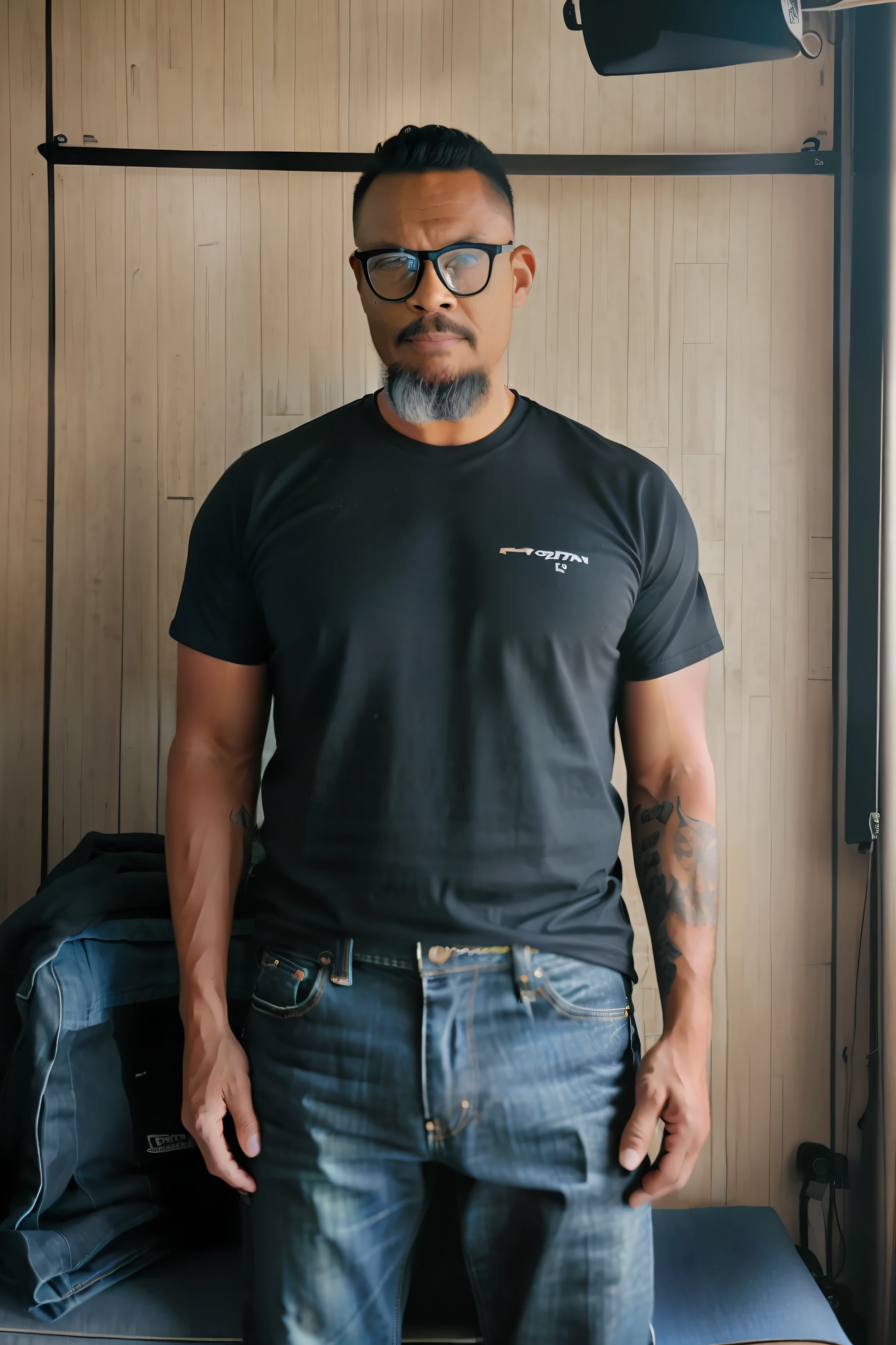 guttonerdvision12, RAW photo, a man wearing glasses sitting on a chair, ((wearing a black t-shirt and jeans)), masculine pose in a photo studio, 105mm professional photography, analog photography, vintage style, chiaroscuro lighting, (high detailed skin:1.2), 8k uhd, dslr, soft lighting, high quality, film grain, Fujifilm XT3