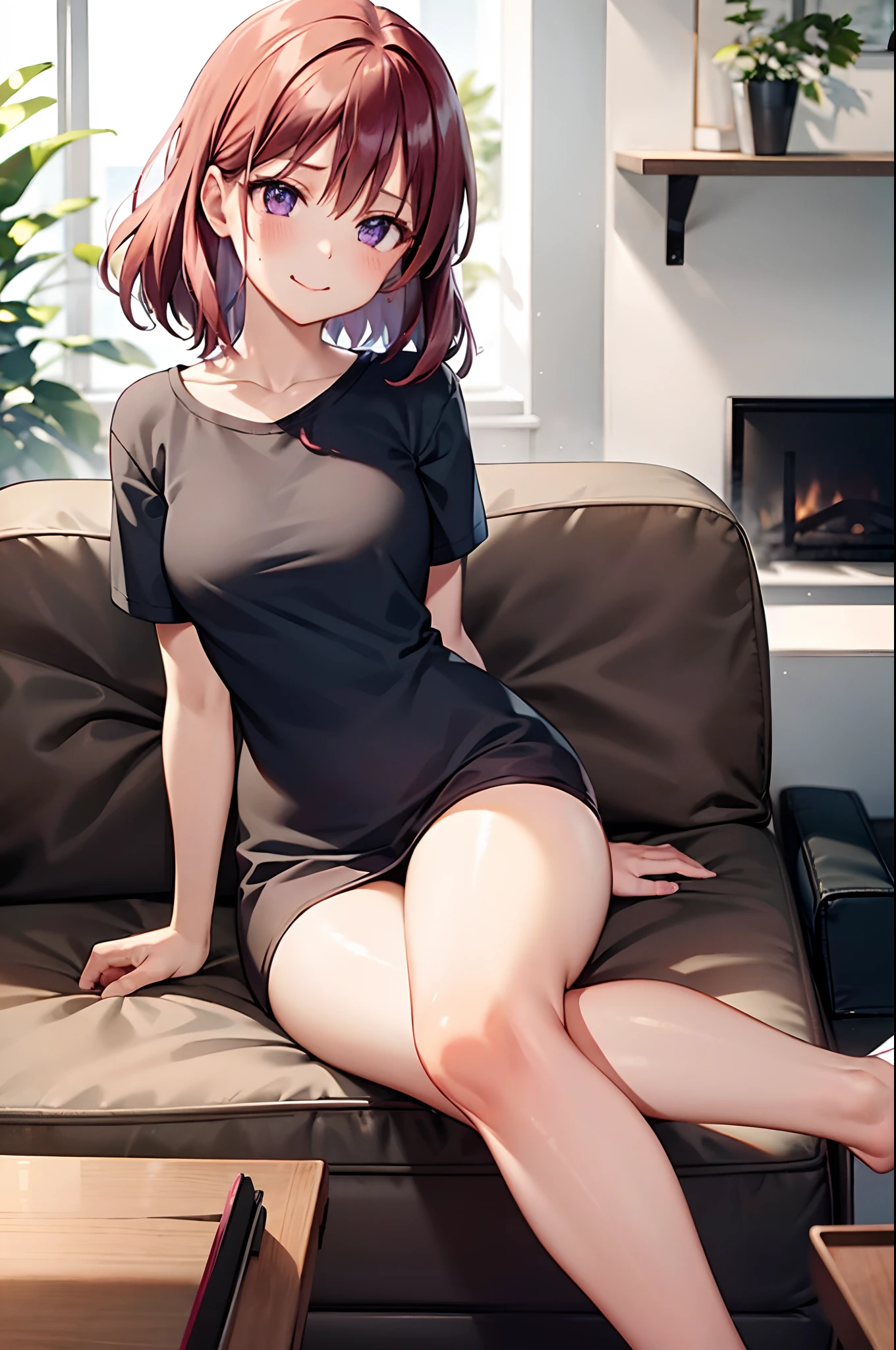 Anime girl with red short disheveled hair, purple eyes, wearing short shirt, sunny day, Living room, cute face, ultrasharp 8k seductive girl, perfect eyes,