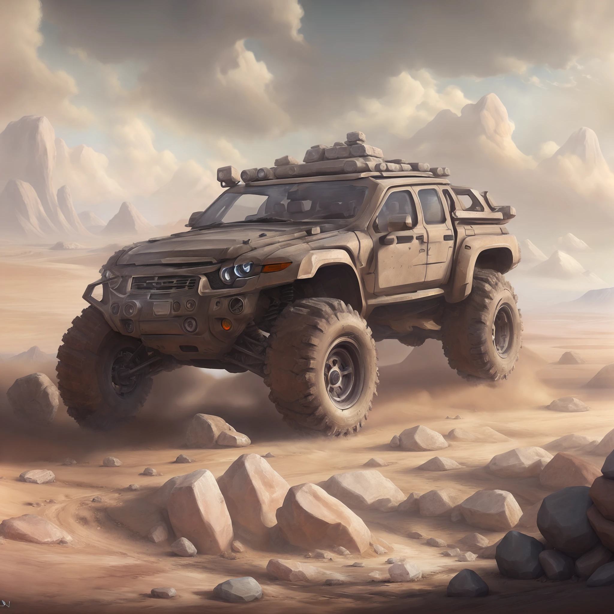 reimagine as oil painting. vehicle in the desert with rocks and rocks in the background, highly realistic concept art, 4 k concept art, 4k concept art, by Aleksander Gine, 8 k high detail concept art, anime art vehicle concept art, 3 d octane render conceptart, concept art like ernest khalimov, wojtek fus, concept art wallpaper 4k, car concept art