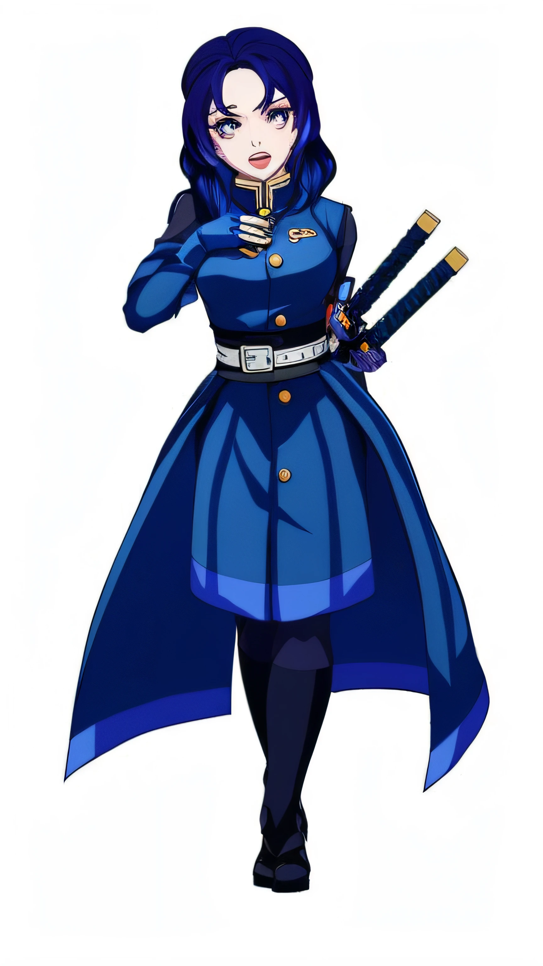 um desenho de desenho animado de uma mulher em um casaco azul segurando duas espadas, arte oficial do personagem, uniforme azul, Maya Fey, da Ace Attorney, Natalie de Epic Battle Fantasy, protagonista feminina 👀 :8, Arte Oficial, Beatriz Azul, personagem de anime feminino, Misato Katsuragi, Joe Biden como um personagem JoJo, Personagem de videogame Katana Zero, Itsuko Azuma