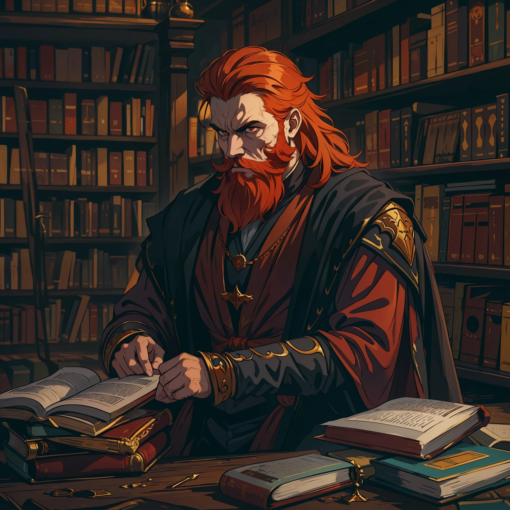 A man with a beard and orange red hair in the middle of a library he is the villain of an RPG is wearing elegant medieval clothes because he is a rich and powerful man of the nobility use dark tones the image has to portray the essence of a villain