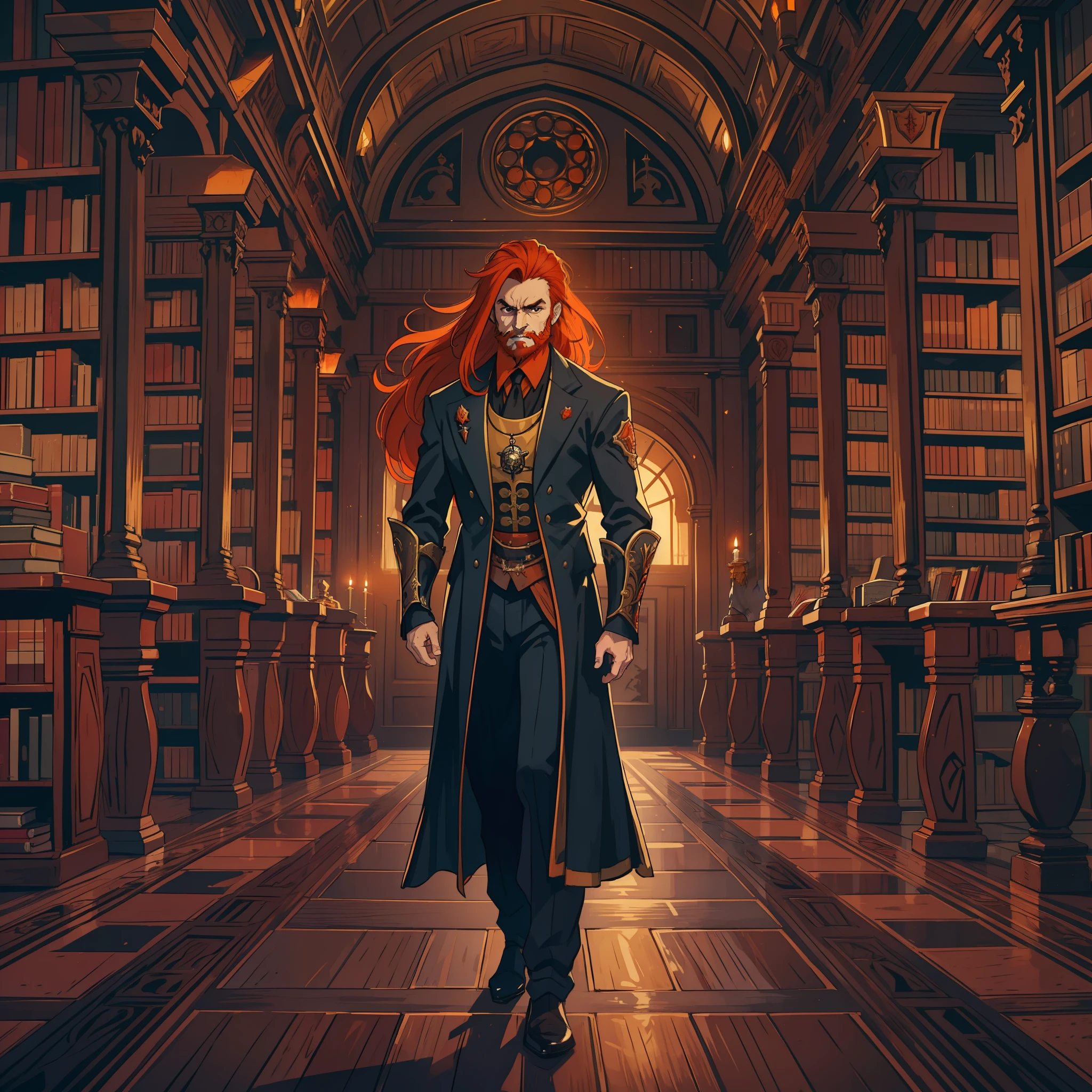 A man with a beard and orange red hair in the middle of a library he is the villain of an RPG is wearing elegant medieval clothes because he is a rich and powerful man of the nobility use dark tones the image has to portray the essence of a villain