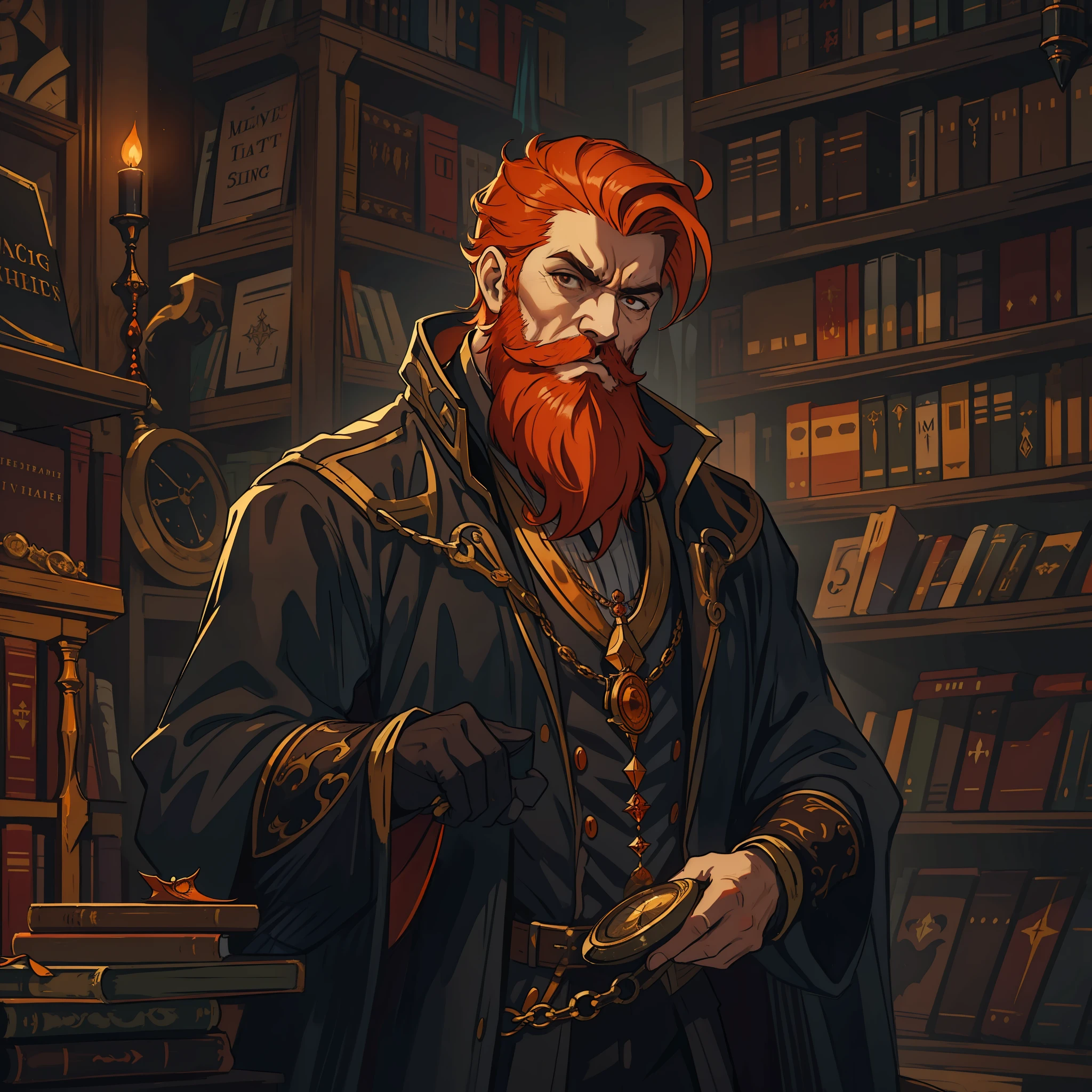 A man with a beard and orange red hair wearing a monocle in the middle of a library, he is the villain of an RPG is wearing elegant medieval clothes, as he is a rich and powerful man of the nobility, use dark tones, the image has to portray the essence of a villain;