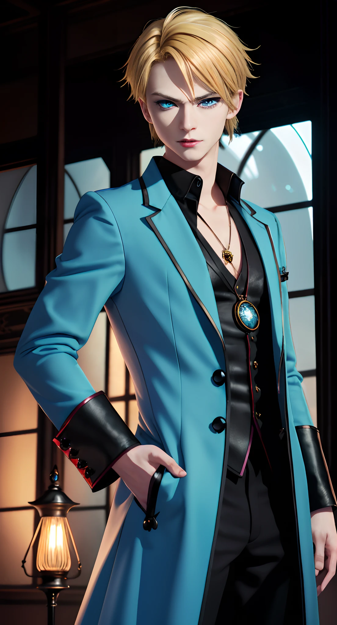 masterpiece, top-quality, 2Others, 1male people,, Adults, Height difference, different color, finely eye and detailed face, intricate detailes, Black Wizarding World Costume, The Magical World of Darkness, A smile, Unhappy, solitude, youthfulness, high-level image quality、 beautiful man、tall、Diabolical, villainess, window、𝓡𝓸𝓶𝓪𝓷𝓽𝓲𝓬、British men, Idol Photos, k pop, Professional Photos, ((Vampire Man)), Fedoman with necklace, inspired by Sim Sa-jeong, androgynous vampire, :9 detailed face: 8, extra detailed face, detailed punk hair, ((Light blue eyes)) baggy eyes, Seductive. Highly detailed, semi realistic anime, Vampires, hyperrealistic , delicate androgynous prince, imvu, short hair above the ears, Man with short hair, Glaring expression, Angry look, ((British man with short blonde hair and light blue eyes)),