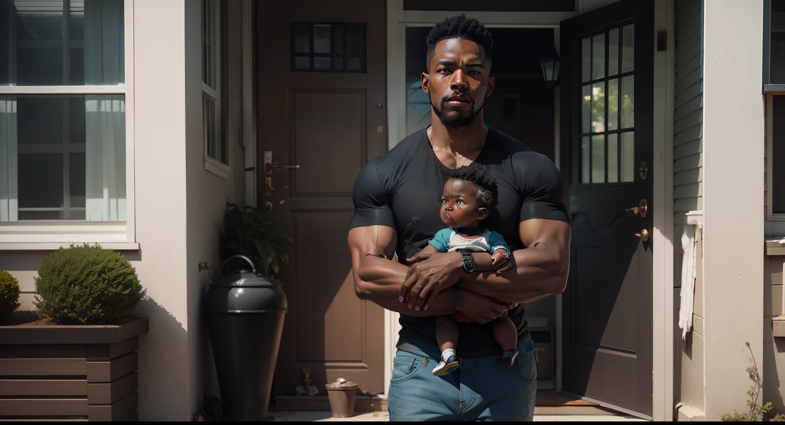 A BLACK MAN IN FRONT AT THE DOOR OF THE HOUSE WITH A BLACK BABY IN HIS ARMS