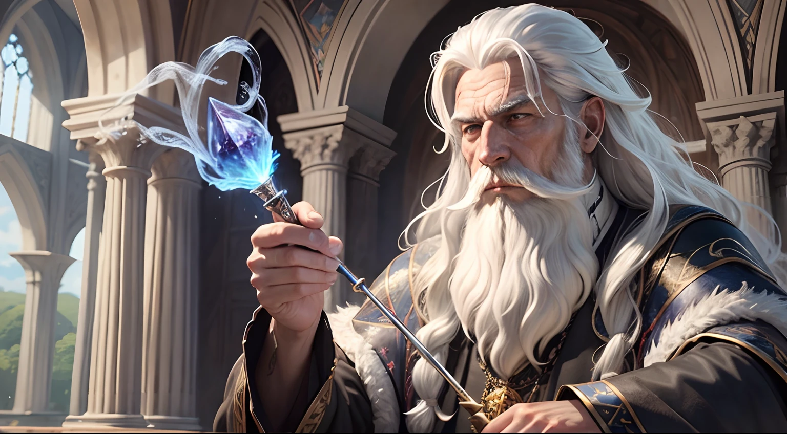 Artwork, (masterpiece), fantastic realism medieval castle in the background, wizard man, using beautiful magic wand detailed and with crystal tip, wizard with white beard, white hair and curly and fulfilled, black wolf, very detailed and hairy.