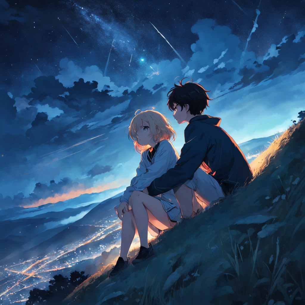 On the slope of the field on the mountain, She and he were lying face down、Looking up at the night sky、She tilted her face towards me and looked at me.、she is blushing、Holding the hand of his right hand and her left hand、The viewpoint is looking up at the night sky from between the heads of two people、Flow of shooting stars、There is no light source other than the night sky、It may be cold on the mountain, So they can see their white breath turn into mist.、​masterpiece、realisitic