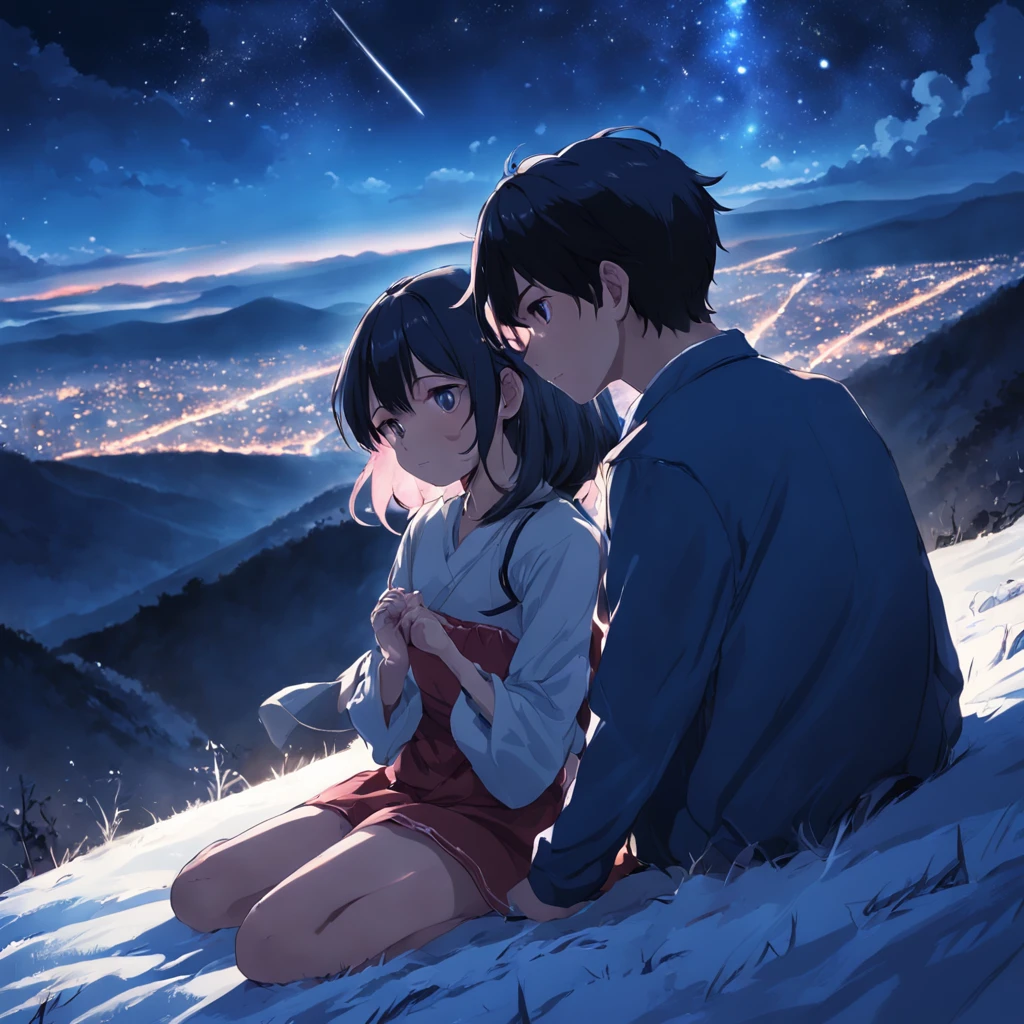 On the slope of the field on the mountain, She and he were lying face down、Looking up at the night sky、She tilted her face towards me and looked at me.、she is blushing、Holding the hand of his right hand and her left hand、The viewpoint is looking up at the night sky from between the heads of two people、Flow of shooting stars、There is no light source other than the night sky、It may be cold on the mountain, So they can see their white breath turn into mist.、masterpiece、realisitic