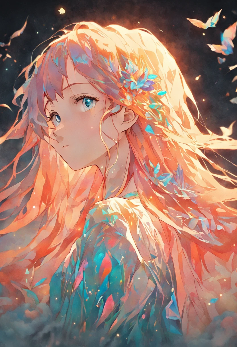 (beauty side face,long colored hair,Close eyes,Masterpiece Narcissus),Iridescent background, (Illustration:1.2,paper art:1.2, Zentangle, 3d rendered),(Best Quality, detaileds, masutepiece, Cinematic lighting, 4K, Chiaroscuro)