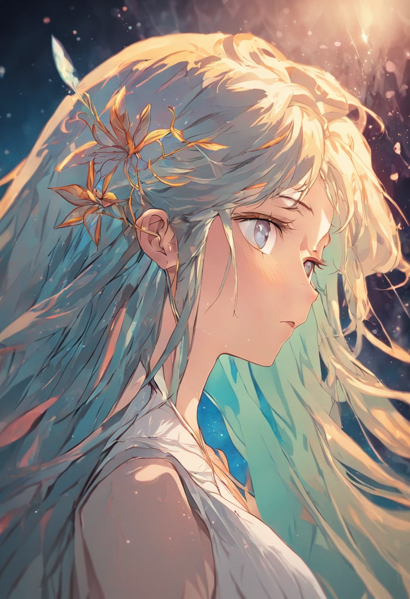 (beauty side face,long colored hair,Close eyes,Masterpiece Narcissus),Iridescent background, (Illustration:1.2,paper art:1.2, Zentangle, 3d rendered),(Best Quality, detaileds, masutepiece, Cinematic lighting, 4K, Chiaroscuro)