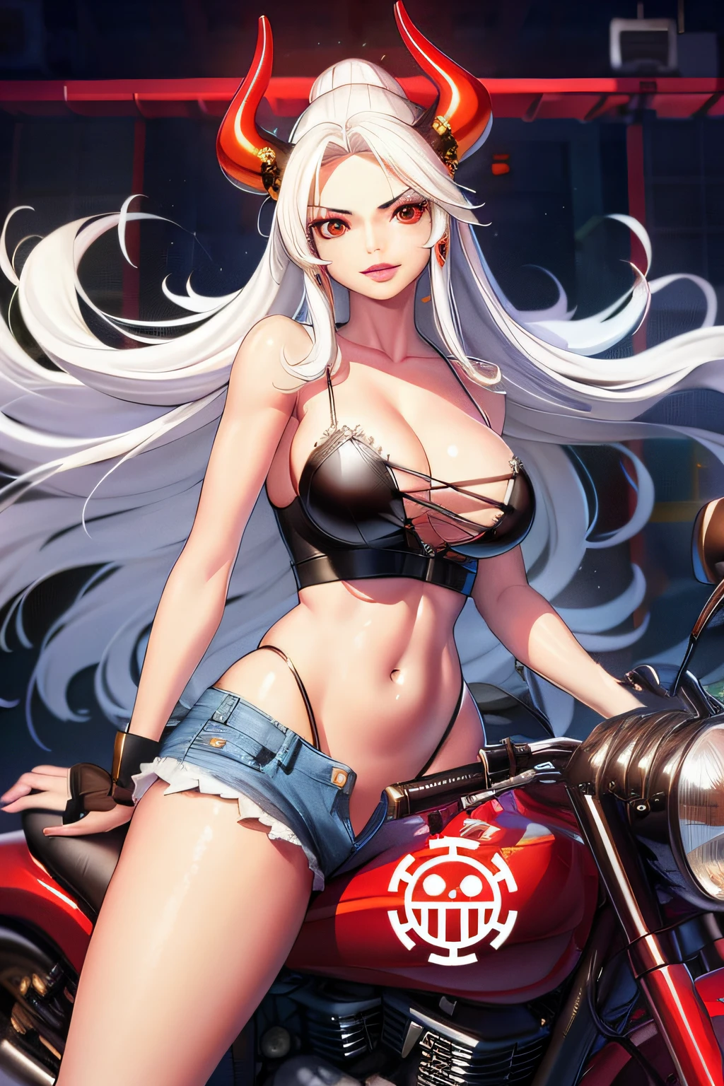 anime girl with horns and a leather bra top on a motorcycle, seductive anime girl, tifa lockhart with white hair, biomechanical oppai, extremely detailed artgerm, perfect white haired girl, badass anime 8 k, ig model | artgerm, white haired deity, artgerm. anime illustration, artgerm style, beautiful alluring anime woman
