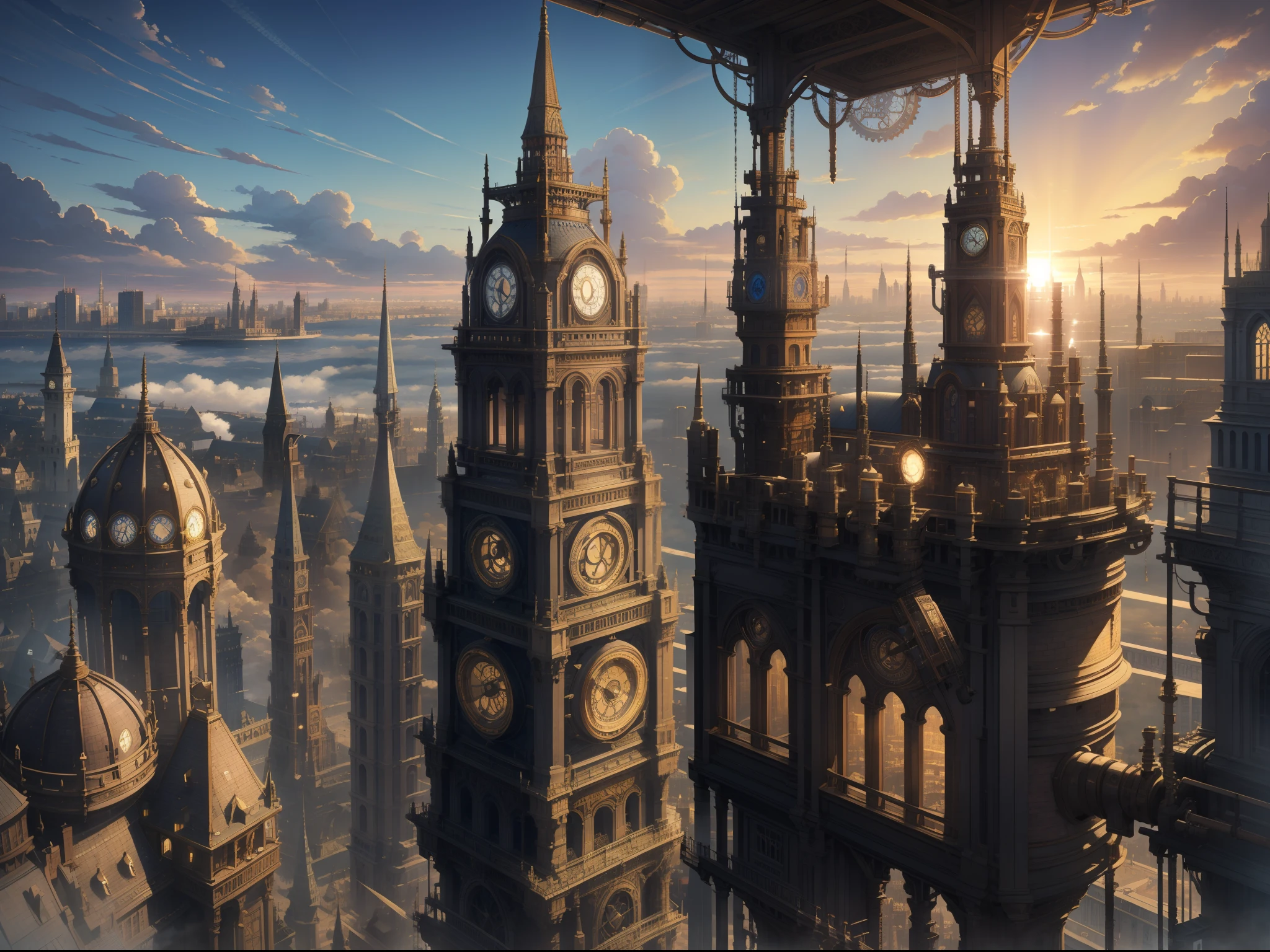 Depicted in detail、Elaborately drawn、Smooth expression、complete works、The sunlight is beautiful、Harmonious、Detailed and meticulously drawn、Overwhelming drawing、Steam is everywhere、Steampunk-style retro cityscape、The building combines many gears and pipes、City view、high sky、Clouds in the sky、