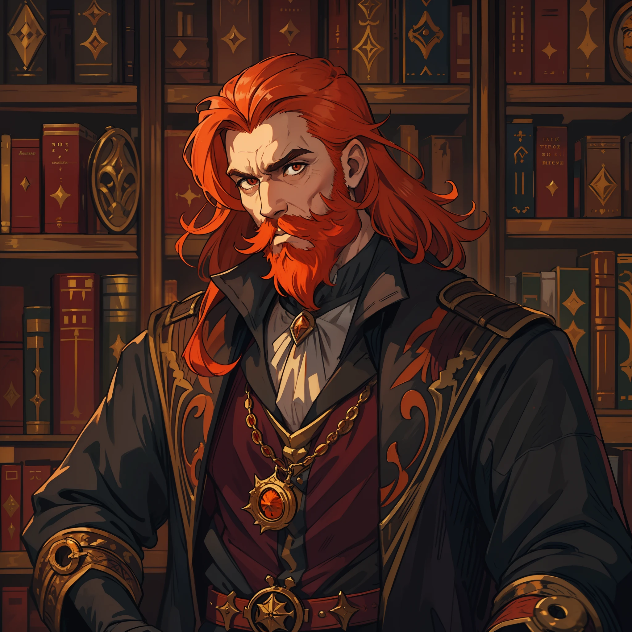 A man with a beard and orange red hair wearing a monocle in the middle of a library, he is the villain of an RPG is wearing elegant medieval clothes, as he is a rich and powerful man of the nobility, use dark tones, the image has to portray the essence of a villain;