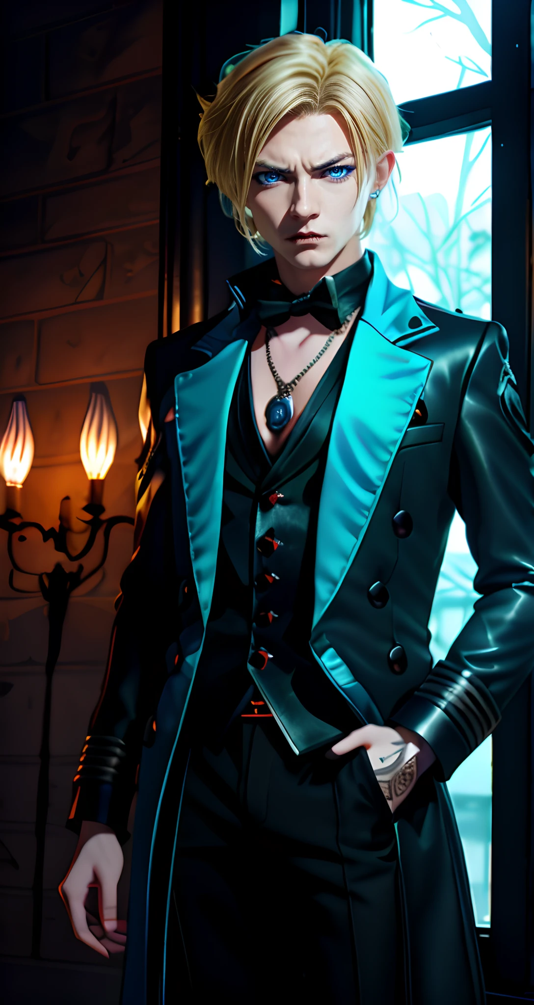 ​masterpiece, top-quality, 2Others, 1male people,, Adults, Height difference, different color, finely eye and detailed face, intricate detailes, Black Wizarding World Costume, The Magical World of Darkness, A smile, Unhappy, solitude, youthfulness, high-level image quality、 beautiful man、tall、Diabolical, villainess, window、𝓡𝓸𝓶𝓪𝓷𝓽𝓲𝓬、British men, Idol Photos, k pop, Professional Photos, ((Vampire Man)), Fedoman with necklace, inspired by Sim Sa-jeong, androgynous vampire, :9 detailed face: 8, extra detailed face, detailed punk hair, ((Light blue eyes)) baggy eyes, Seductive. Highly detailed, semi realistic anime, Vampires, hyperrealistic , delicate androgynous prince, imvu, short hair above the ears, Man with short hair, Glaring expression, Angry look, ((British man with short blonde hair and light blue eyes)),