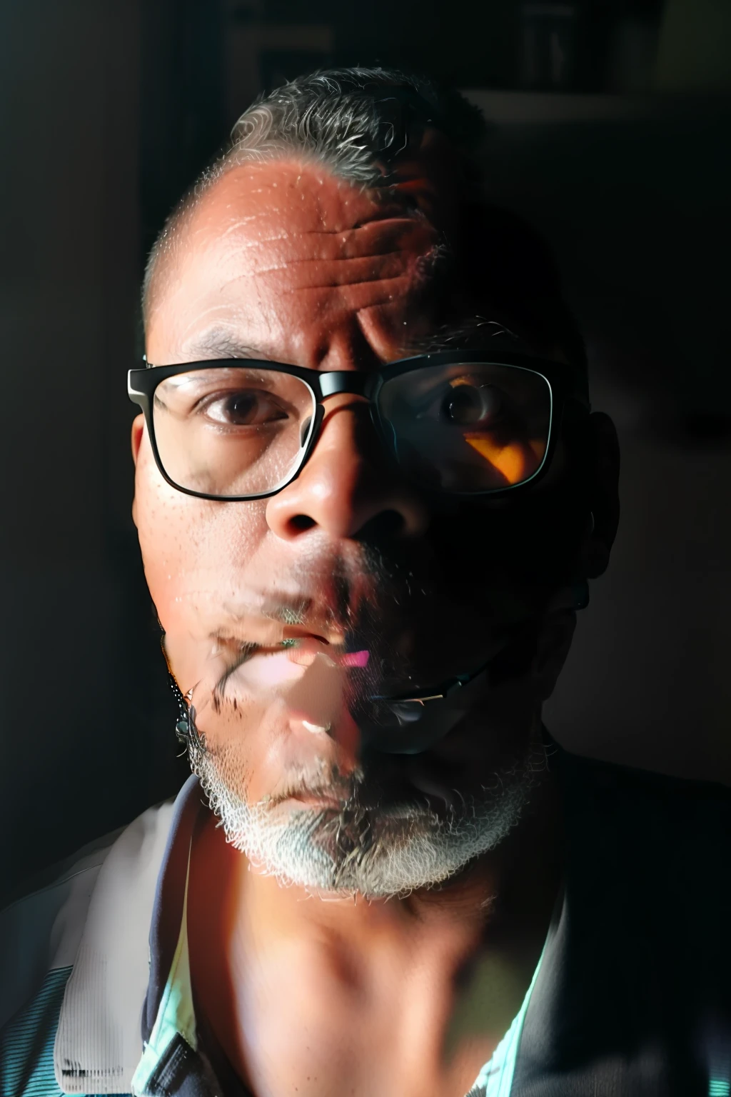 guttonerdvision12, Raw portrait of a man with glasses, vestindo camiseta preta, Fotografia profissional de 105mm, analogue photography, estilo vintage, lighting chiaroscuro, (pele altamente detalhada:1.2), 8k UHD, DSLR, soft lighting, alta qualidade, filmic grain, Fujifilm XT3