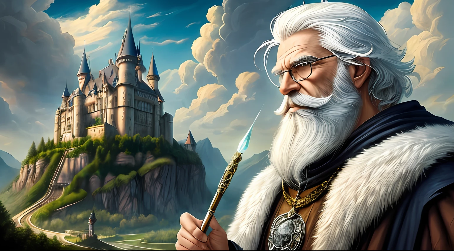 Artwork, (masterpiece), fantastic realism medieval castle in the background, wizard man, using beautiful magic wand detailed and with crystal tip, wizard with white beard, white hair and curly and fulfilled, black wolf, very detailed and hairy.