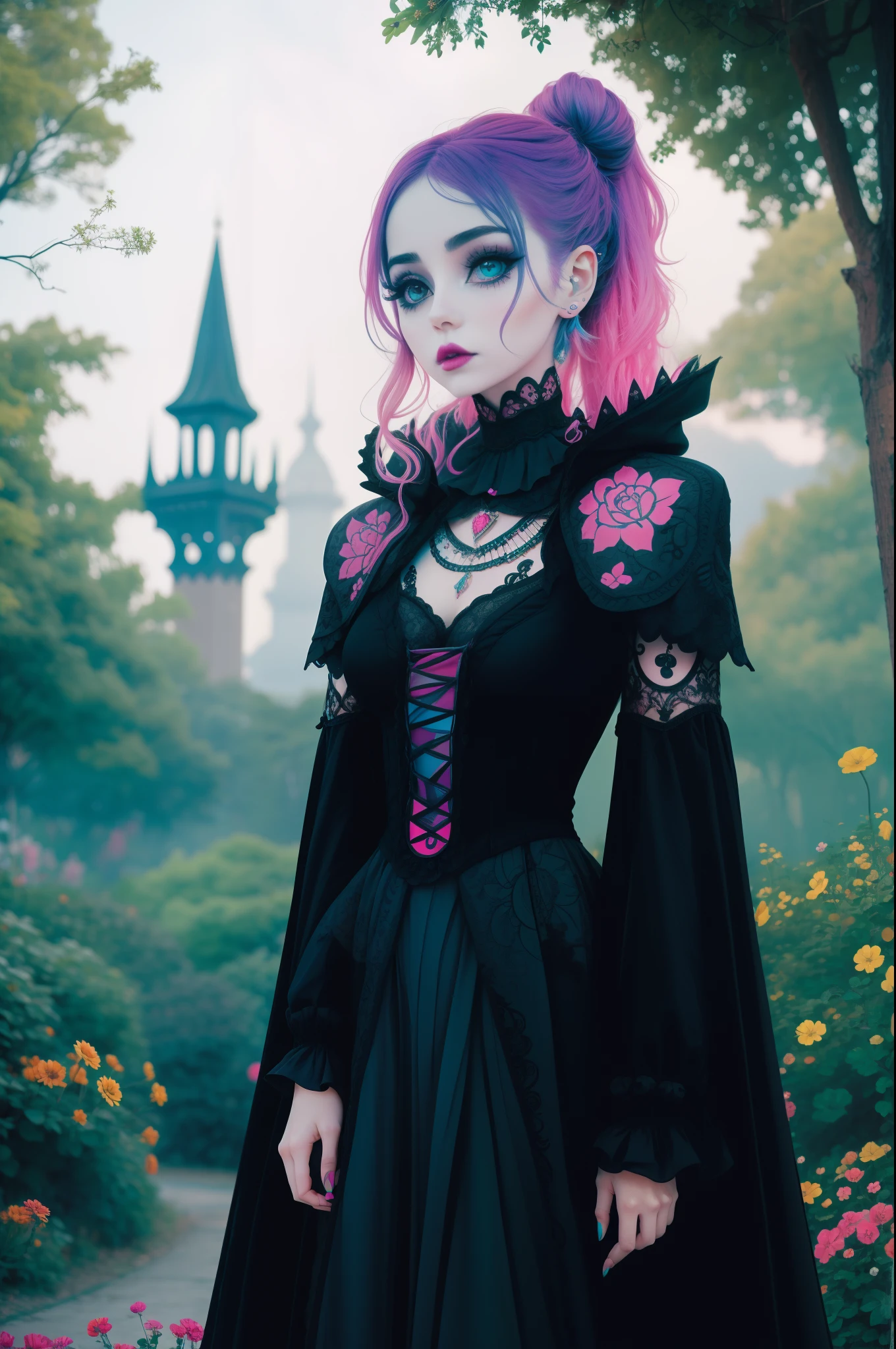 En un hermoso parque una mujer de aspecto moderno. It has a very colorful and striking kawaii gothic style.., con un maquillaje elegante y una peluca colorida.