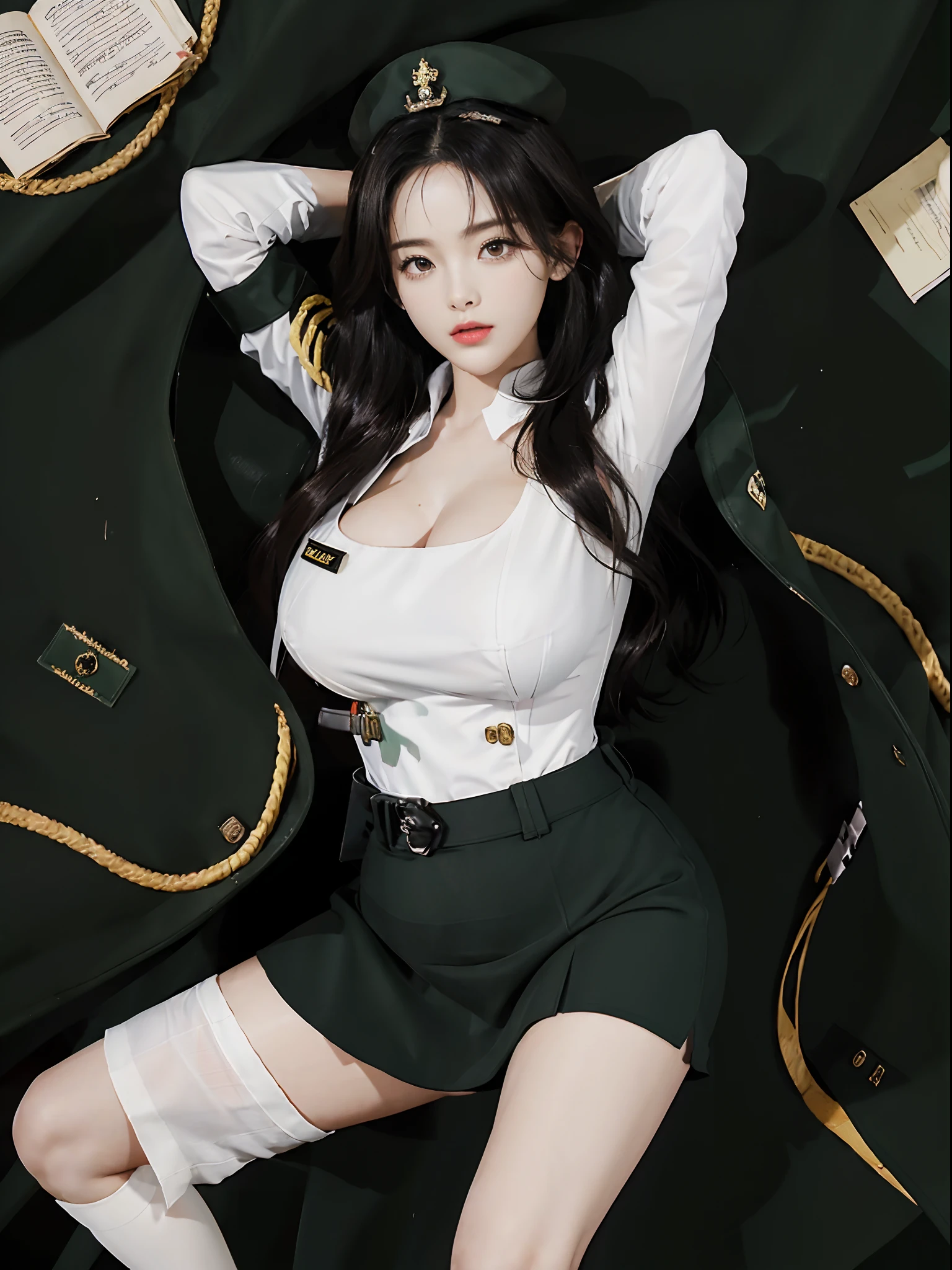 Very detailed CG unity 8K wallpaper，（tmasterpiece），（best qualtiy），（ultra - detailed），（Ultra photo realsisim），（best character detail：1.36），Nikon D750 f / 1.4 55mm，profesional lighting， physically-based renderingt, 1girll, Female soldier，army suit，((Green military uniform，Long-sleeved military uniform，Fabric texture military uniform，The jacket is lined with a plain white shirt，The white shirt was soaked with sweat，The fabric of a soaked white shirt sticks to the chest，Dark green tie):1.0)，(Army green skirt)，military hat，Black hair，the golden ratio,[:(com rosto detalhado:1.2):0.2]:,PureErosFace_V1, broad shoulder,(Plump breasts:1.5),(Bigchest:1.5),(big assa:1.5)，Wide buttock ，Bare legged，Plump legs，White panties are slightly exposed at the bottom of the skirt，whitestocking，without wearing shoes，Soaked with sweat，red flags，In the square，bright sun，Bright smile，White teeth，lighting，Contre-Jour，