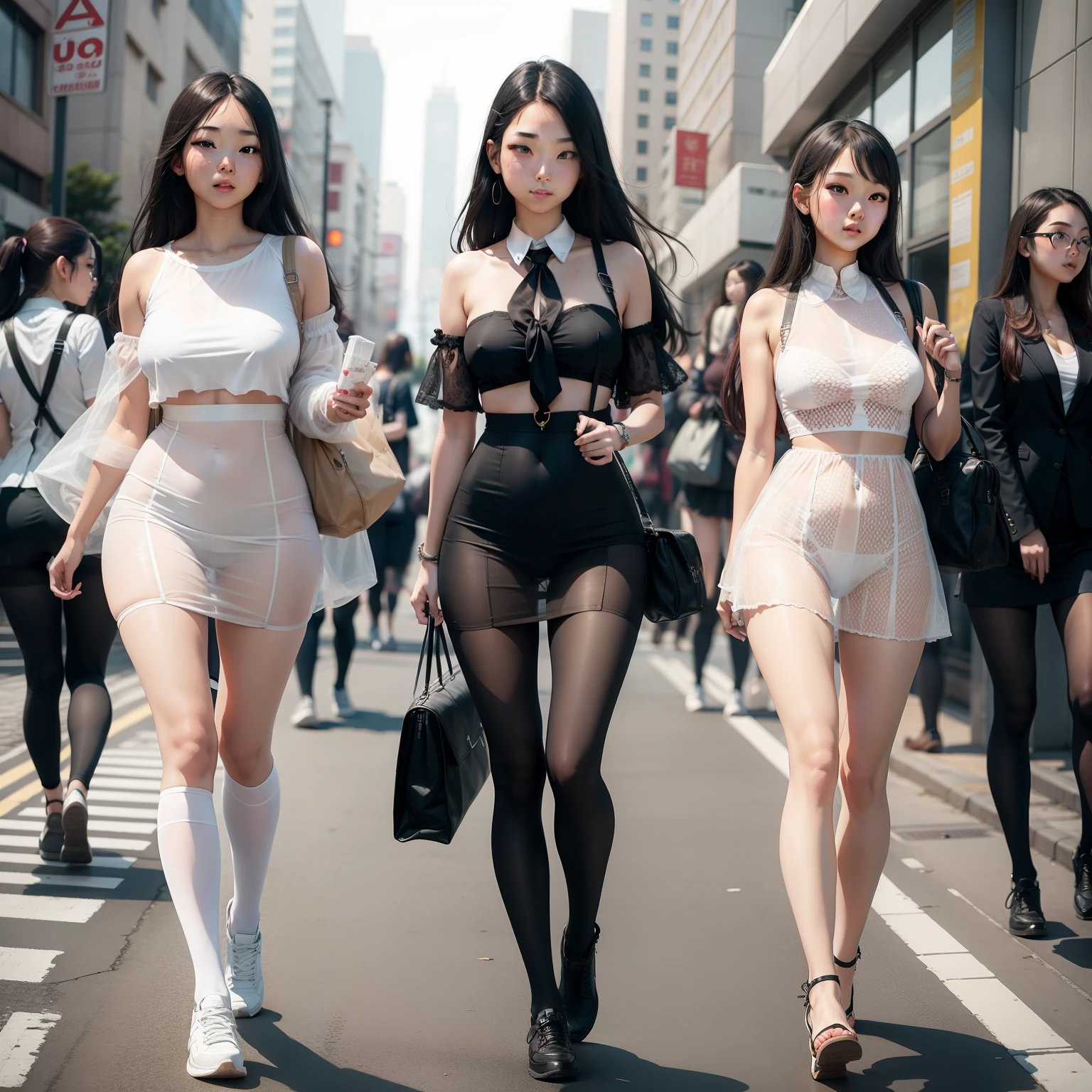 Trio of high school girls wearing full-body see-through clothes、Be in a bustling city