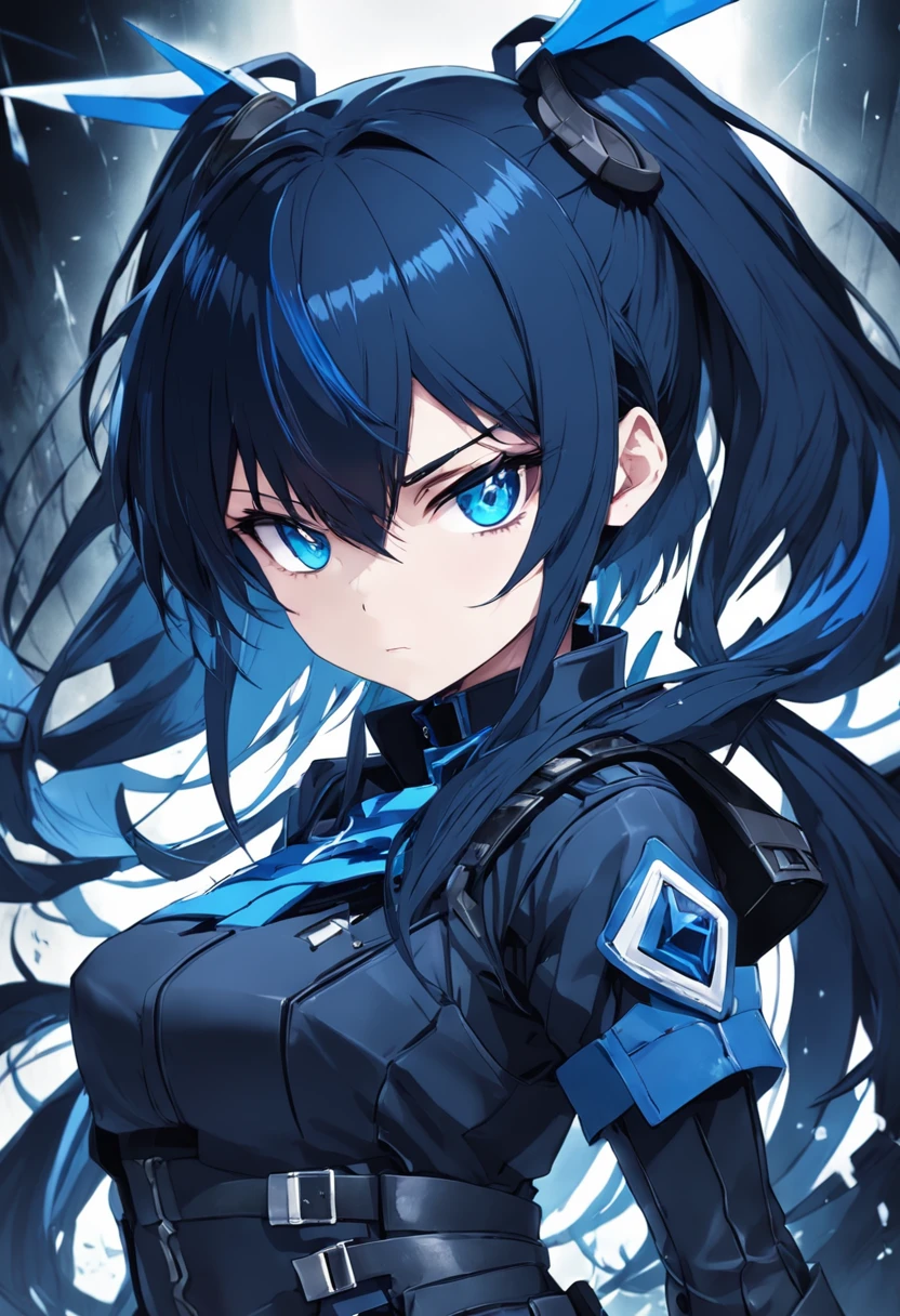 Peaked cap, military uniform, belt, Black Rock Shooter, black hair, blue eyes, black and blue accents, Mercenary, Blue clothes trimmings