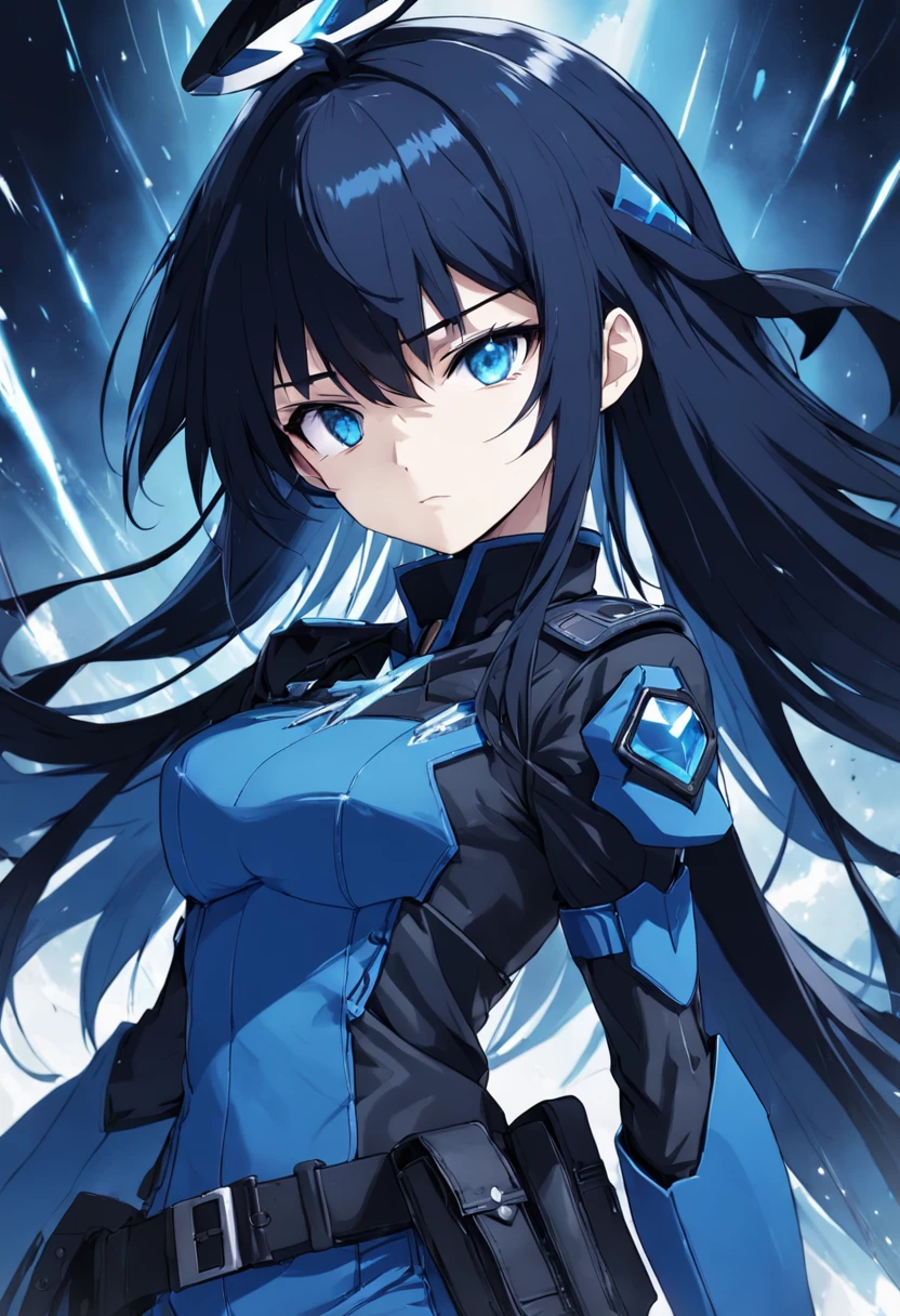 Peaked cap, military uniform, belt, Black Rock Shooter, black hair, blue eyes, black and blue accents, Mercenary, Blue clothes trimmings