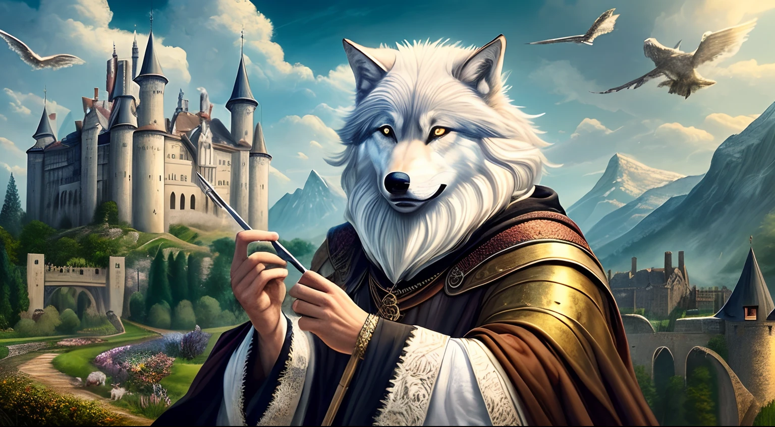 Artwork, (masterpiece), fantastic realism medieval castle in the background, wizard man, using beautiful magic wand detailed and with crystal tip, wizard with white beard, white hair and curly and fulfilled, black wolf, very detailed and hairy.