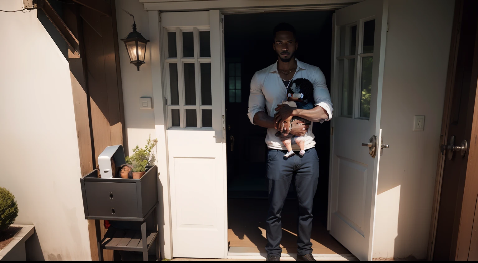 A BLACK MAN IN FRONT AT THE DOOR OF THE HOUSE WITH A BLACK BABY IN HIS ARMS