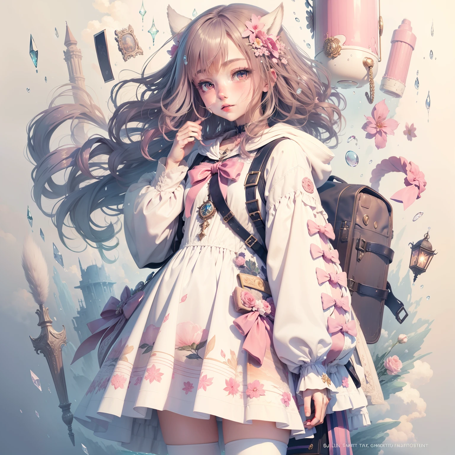 best qualtiy,tmasterpiece,High quality illustrationtiz,Very delicate and beautiful CG art,8k resolution wallpaper,Beautiful,Highly detailed and delicate,Natural image quality,Sharp Images,Dynamic angles and attitudes,Floating feeling,A girl,Pink eyes,Pink antique costumes,Neck strap,rabbitears,Beautiful face,Water droplets splash,Clouds,Twilight atmosphere,Wide landscape,Watercolor effect