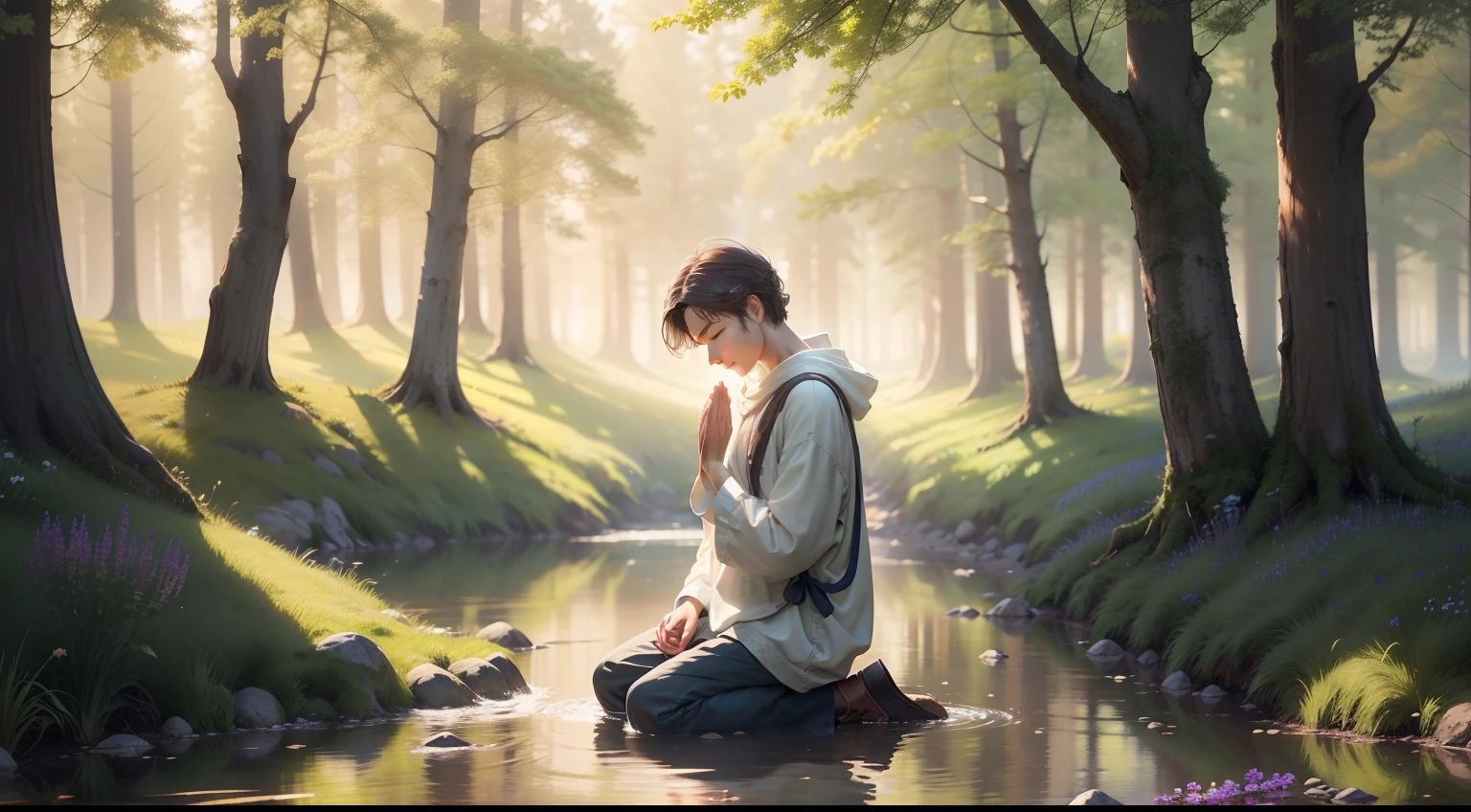 Generate a realistic image of a serene and inspiring scene. In the image, a person is kneeling in a quiet space, with soft sunlight filtering through nearby trees. The person is dressed in simple clothes and has his hands delicately placed in a prayer position, with his eyes closed and an expression of serenity on his face. The surrounding scenery conveys a sense of peace, with wildflowers scattered across the ground and a gentle stream flowing in the background. The overall atmosphere of the image should convey a sense of spiritual connection and gratitude.
