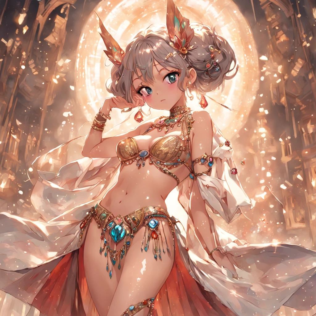 Elf dancer, in a precious decorated bra, gems, pendants,egyption, Dancing with fans, chiffon trousers, Masterpiece, Pointed ears, big expressive eyes, plump wet lips, bare tummy, higly detailed, Realistic, 30k