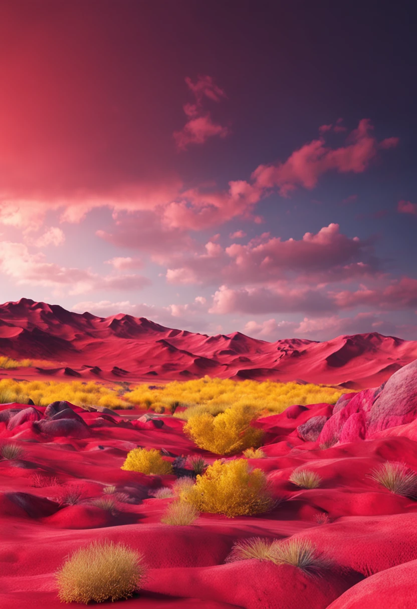 Create a landscape using the color red and yellow that is related to Quiz