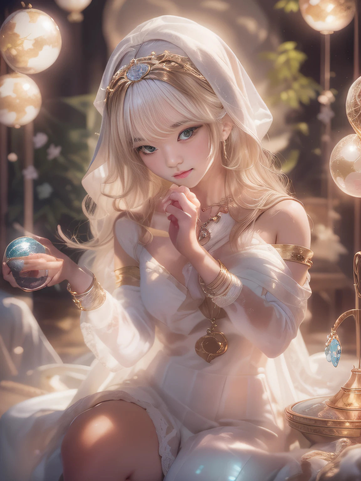 Blonde woman sitting at table in golden white dress, Tokusatsu Heroine, Mysterious Woman,Gemstones and Hoop Crowns,Mystical Necklace,White cloak,Mysteriously sparkling jewel bangles,He holds a mysteriously glowing crystal ball in his left hand,Soft lighting, guweiz, artwork in the style of guweiz, ig model | ArtGerm, A seductive anime girl, Anime girl cosplay, guweiz on pixiv artstation, wlop and sakimichan, range murata and artgerm,((Cool color makeup,Lowered eyebrows、Whitening effect,thin and thin eyebrows,eye bags,Ephemeral Girl,A look tinged with joy)),Very soft lighting,Eight-headed body,light glow,Film grain,Expro II,Lens Flare,Sharpen,cinematic shadow