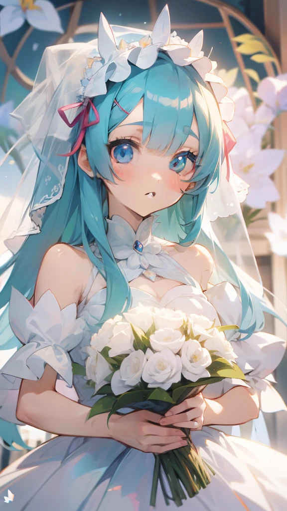 Anime girl in a wedding dress holding a bouquet of flowers, menina anime bonita, donzela bonita, wallpaper anime blue water, mulher bonita do anime, Anime bonito, estilo anime 4K, menina anime girassol bonita, Estilo de arte anime bonito, com flores congeladas ao seu redor, Rimuru, retrato bonito do anime, bela arte de anime, rem rezero |, Estilo anime bonito