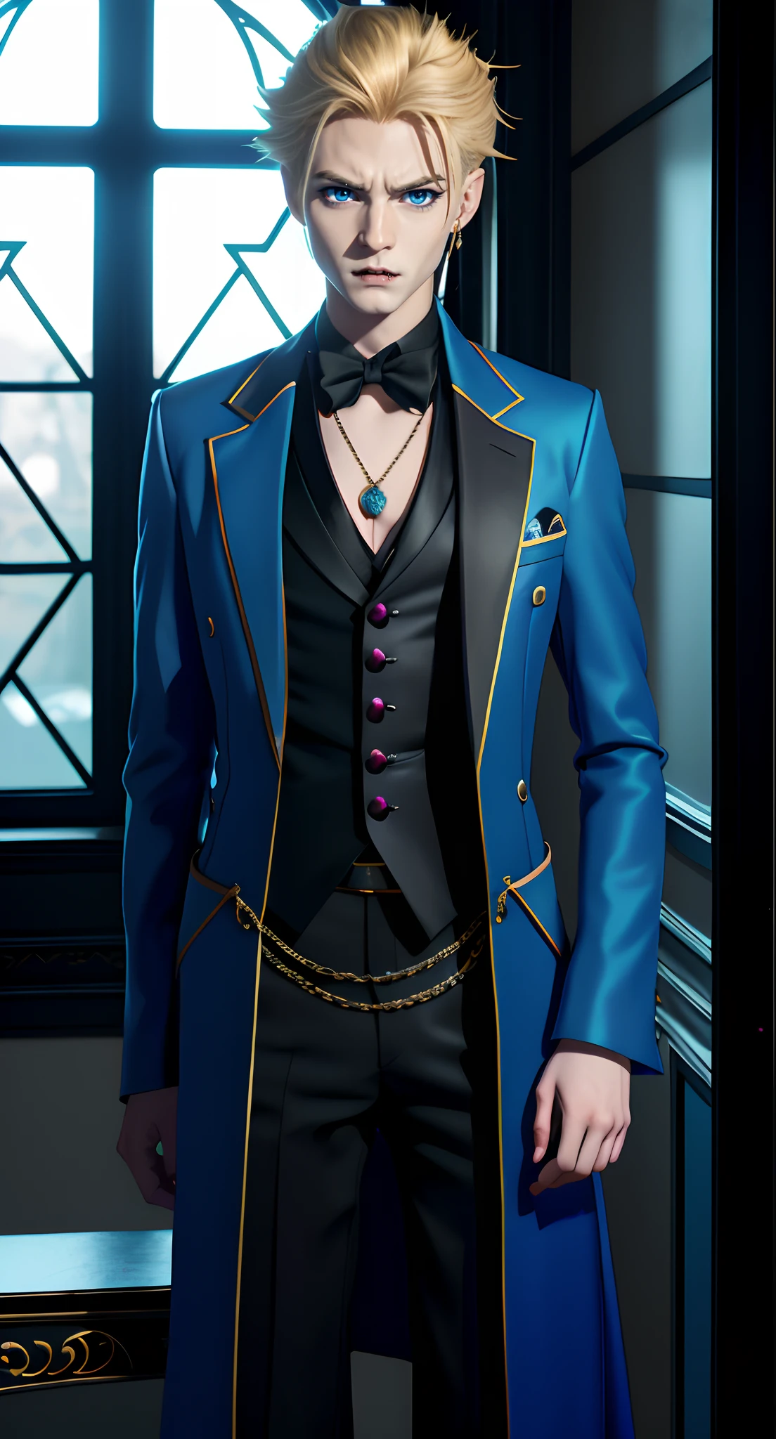 ​masterpiece, top-quality, 2Others, 1male people,, Adults, Height difference, different color, finely eye and detailed face, intricate detailes, Black Wizarding World Costume, The Magical World of Darkness, A smile, Unhappy, solitude, youthfulness, high-level image quality、 beautiful man、tall、Diabolical, villainess, window、𝓡𝓸𝓶𝓪𝓷𝓽𝓲𝓬、British men, Idol Photos, k pop, Professional Photos, ((Vampire Man)), Fedoman with necklace, inspired by Sim Sa-jeong, androgynous vampire, :9 detailed face: 8, extra detailed face, detailed punk hair, ((Light blue eyes)) baggy eyes, Seductive. Highly detailed, semi realistic anime, Vampires, hyperrealistic , delicate androgynous prince, imvu, short hair above the ears, Man with short hair, Glaring expression, Angry look, ((British man with short blonde hair and light blue eyes)),