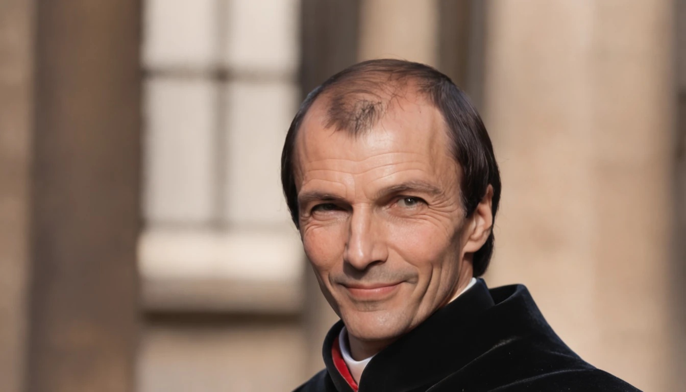 Niccolò Machiavelli in the right corner with a Machiavellian smile, background in flames