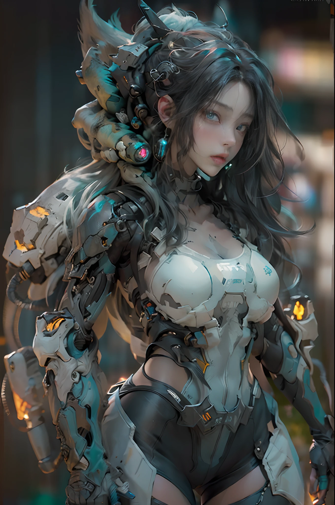 ((Best quality)), ((masterpiece)), (detailed:1.4), 3D, an image of a beautiful cyberpunk female, wearing smooth organic tech armor, highly detailed, (long shapeless hair), big breasts, (cowboy shot), HDR (High Dynamic Range),Ray Tracing,NVIDIA RTX,Super-Resolution,Unreal 5,Subsurface scattering,PBR Texturing,Post-processing,Anisotropic Filtering,Depth-of-field,Maximum clarity and sharpness,Multi-layered textures,Albedo and Specular maps,Surface shading,Accurate simulation of light-material interaction,Perfect proportions,Octane Render,Two-tone lighting,Wide aperture,Low ISO,White balance,Rule of thirds,8K RAW