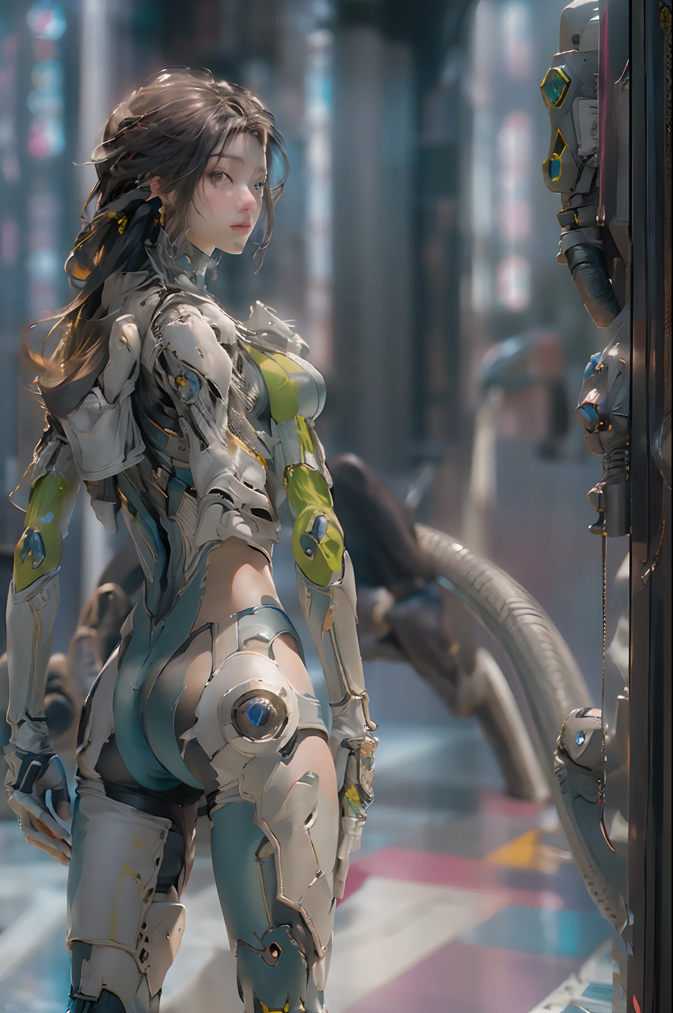 ((Best quality)), ((masterpiece)), (detailed:1.4), 3D, an image of a beautiful cyberpunk female, wearing smooth organic tech armor, highly detailed, (long shapeless hair), big breasts, (cowboy shot), HDR (High Dynamic Range),Ray Tracing,NVIDIA RTX,Super-Resolution,Unreal 5,Subsurface scattering,PBR Texturing,Post-processing,Anisotropic Filtering,Depth-of-field,Maximum clarity and sharpness,Multi-layered textures,Albedo and Specular maps,Surface shading,Accurate simulation of light-material interaction,Perfect proportions,Octane Render,Two-tone lighting,Wide aperture,Low ISO,White balance,Rule of thirds,8K RAW