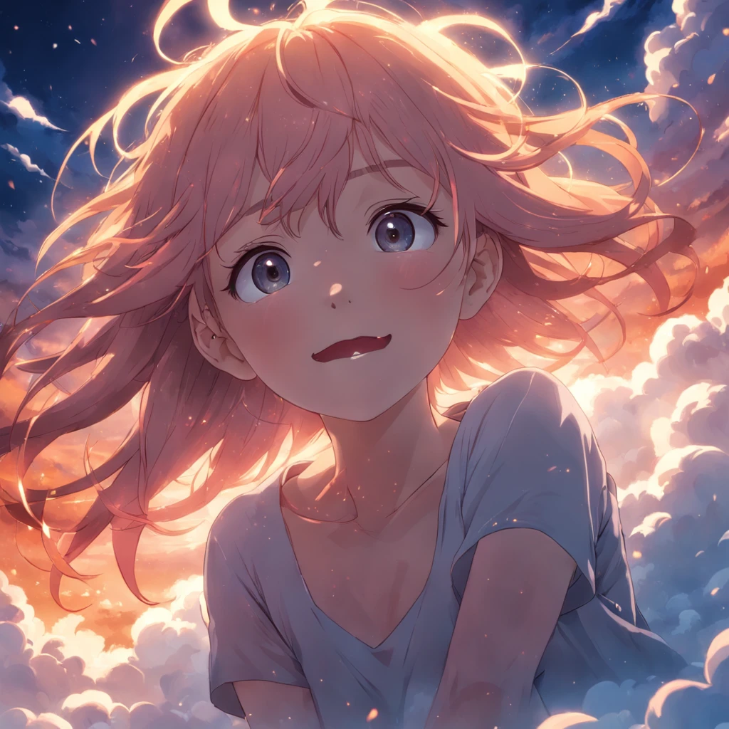 obra-prima, melhor qualidade, filme ainda, 1girl, garota nuvem cabelos vermelhos e longos, floating into the sky, close-up, brilhante, feliz, Soft lighting and Warm, sun sunset, (Sparks: 0,7)