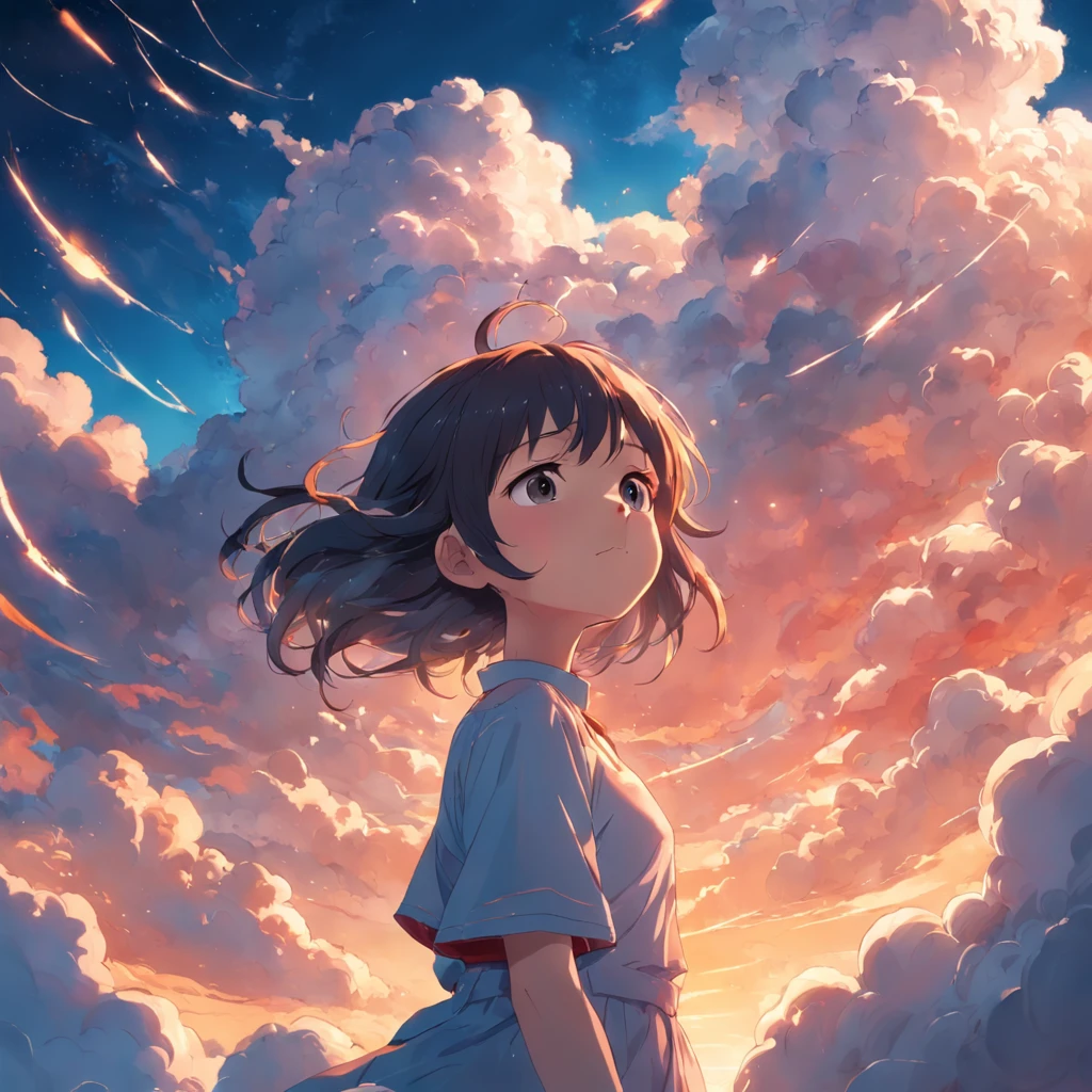 masterpiece, best quality, movie still, 1girl, cloud girl, floating in the sky, close-up, bright, happy, warm soft lighting, sunset, (sparks:0.7)