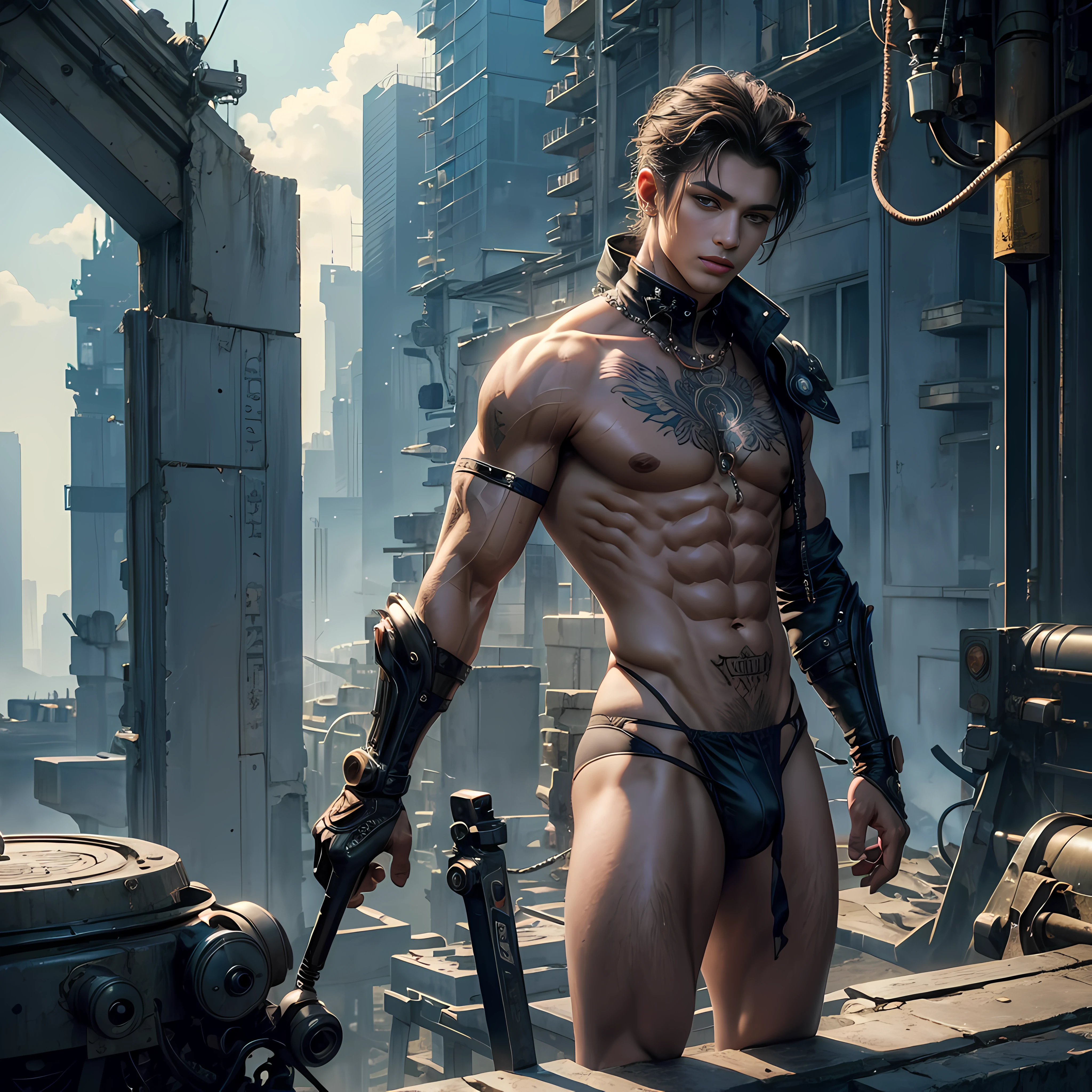 (extremely detailed CG unity8k wallpaper) | game_cg | masterpiece | best quality | illustration | {High resolution}|exquisite painting|aesthetic painting|high detail, beautiful and detailed eyes, perfect eyes, delicate face, delicate skin, delicate perfect nose, delicate perfect mouth, delicate perfect face, exquisite perfect body, in this cyberpunk world, a young and handsome Chinese male model, wearing a thong standing on top of a towering building. The golden ratio of his body is flawless, and the tattoos sparkle in the sun and attract everyone's attention. His whole body was already soaked. The wind blew through his thin body, brushed his belly, and his ears sparkled. He has a glowing nipple stud on his chest that makes him even more unique and charming.