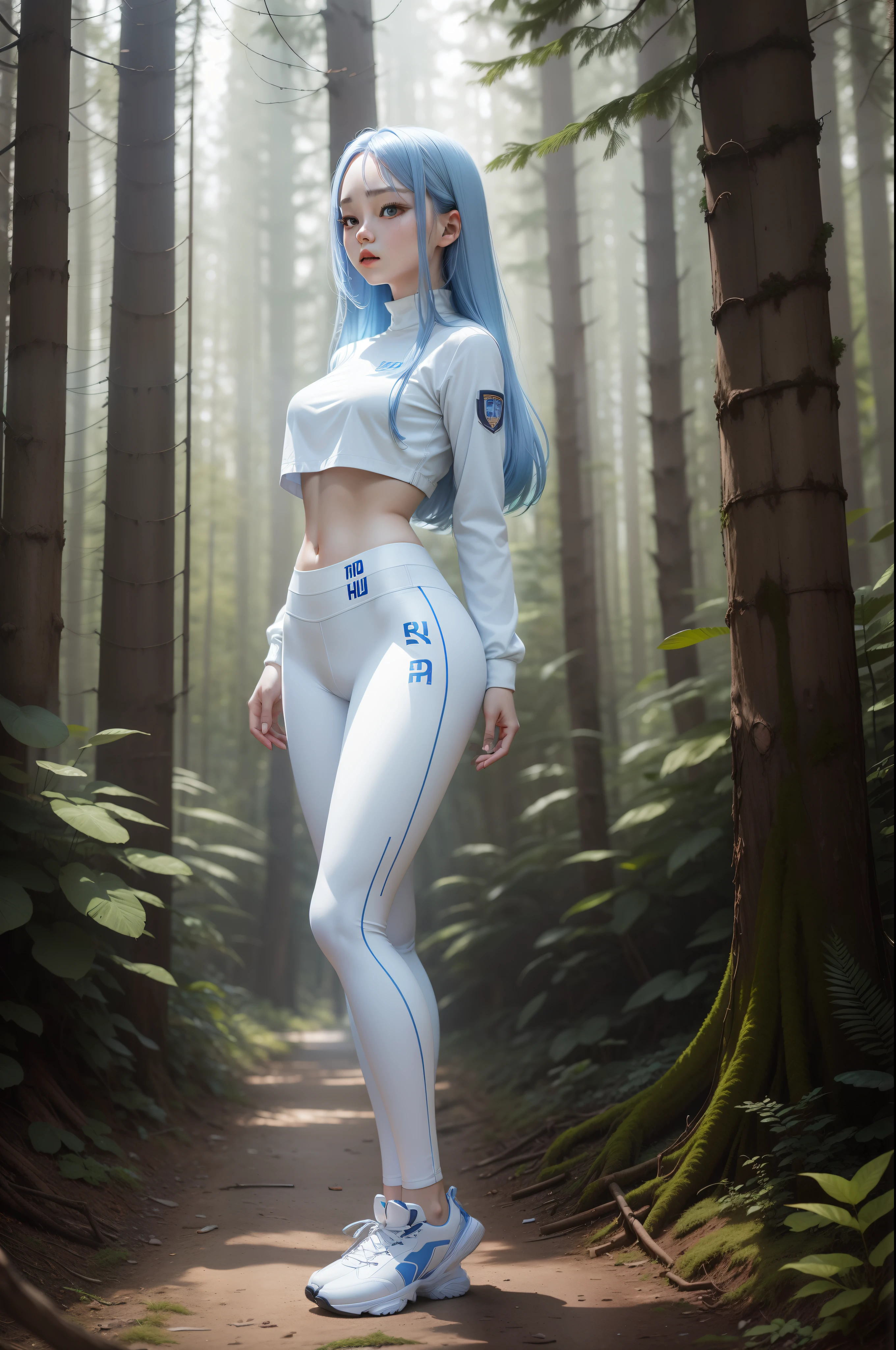 "Full body view of 18 years old Kim Chaewon in a smooth white tight clothes suit with blue hair. She is standing confidently on a field, with a slight exposure of her midriff and a petite figure. The photo is captured in UHD 4K, exhibiting exquisite details."
