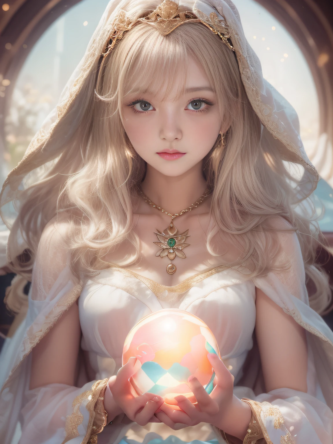 Blonde woman sitting at table in golden white dress, Tokusatsu Heroine, Mysterious Woman,Gemstones and Hoop Crowns,Mystical Necklace,White cloak,Mysteriously sparkling jewel bangles,He holds a mysteriously glowing crystal ball in his left hand,Soft lighting, guweiz, artwork in the style of guweiz, ig model | ArtGerm, A seductive anime girl, Anime girl cosplay, guweiz on pixiv artstation, wlop and sakimichan, range murata and artgerm,((Cool color makeup,Lowered eyebrows、Whitening effect,thin and thin eyebrows,eye bags,Ephemeral Girl,A look tinged with joy)),Very soft lighting,Eight-headed body,light glow,Film grain,Expro II,Lens Flare,Sharpen,cinematic shadow