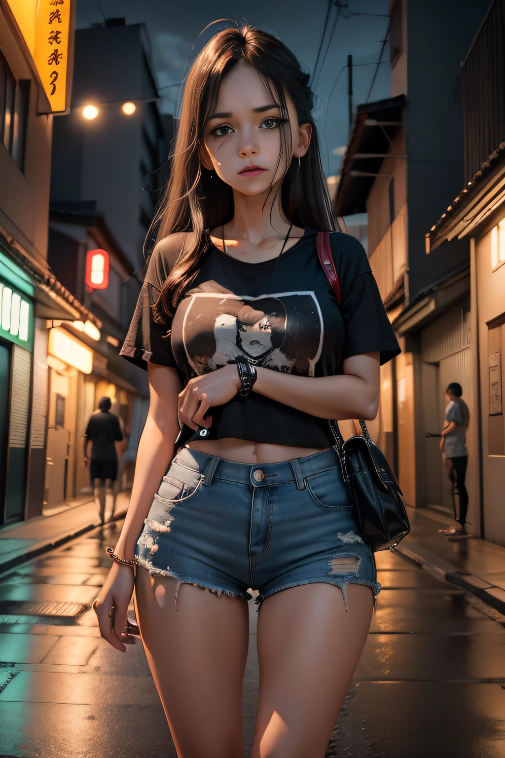 Mulher , sozinha, indefesa, chorando , fear expression, Noite chuvosa, camiseta rasgada branca , seios pequenos , jaqueta couro , short jeans rasgado aberto na frente , standingn, Pose sedutora, duas coxas exageradas, heavy breathing, fear expression , Ruas de Tokyo de noite, beco escuro , 4k