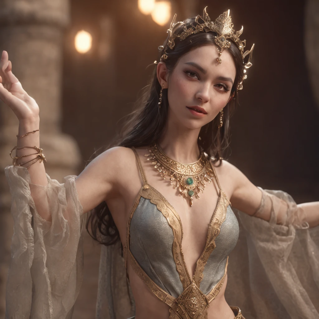 (professional 3d render:1.3) af (Realistic:1.3) most beautiful artwork photo in the worl, ((Elf dancer, in a precious decorated bra, gems, pendants,egyption, Dancing with fans, chiffon trousers, Masterpiece, Pointed ears, big expressive eyes, plump wet lips, bare tummy, higly detailed, Realistic, 30kin dynamic pose, Fantastic location, Majestic cluttered environment)), full body 8k unity render, skin pore, very dark lighting, heavyshading, Detailed, Detailed face, (vibrant, photograph realistic, Realistic, Dramatic, Sharp focus, 8K, (Intricate:1.4), decadent, (Highly detailed:1.4), Digital painting, rendering by octane, art stations, concept-art, smooth, Sharp focus, illustration, Art germ, (loish:0.23), wlop ilya kuvshinov, and greg rutkowski and alphonse mucha gracias, (Global illumination, Studio light, volumettic light), particles floating, lotr, fantasy, elf, full bodyesbian, ((Dark and ancient city background:1.3)),CGSesociety,art stations