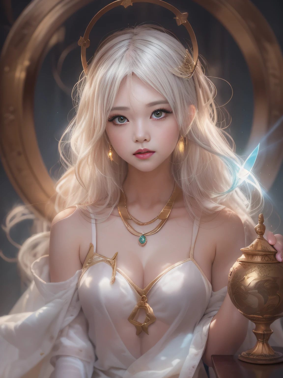 Blonde woman sitting at table in golden white dress, Tokusatsu Heroine, Mysterious Woman,Gemstones and Hoop Crowns,Mysteriously glowing necklace,White cloak,Mysteriously sparkling jewel bangles，He holds a mysterious wand in his left hand，Soft lighting, guweiz, artwork in the style of guweiz, ig model | ArtGerm, A seductive anime girl, Anime girl cosplay, guweiz on pixiv artstation, wlop and sakimichan, range murata and artgerm，((Cool color makeup，Lowered eyebrows、Whitening effect，thin and thin eyebrows，eye bags，Ephemeral Girl，A look tinged with joy))，Very soft lighting，Eight-headed body，light glow，Film grain，Expro II，Lens Flare，Sharpen，cinematic shadow