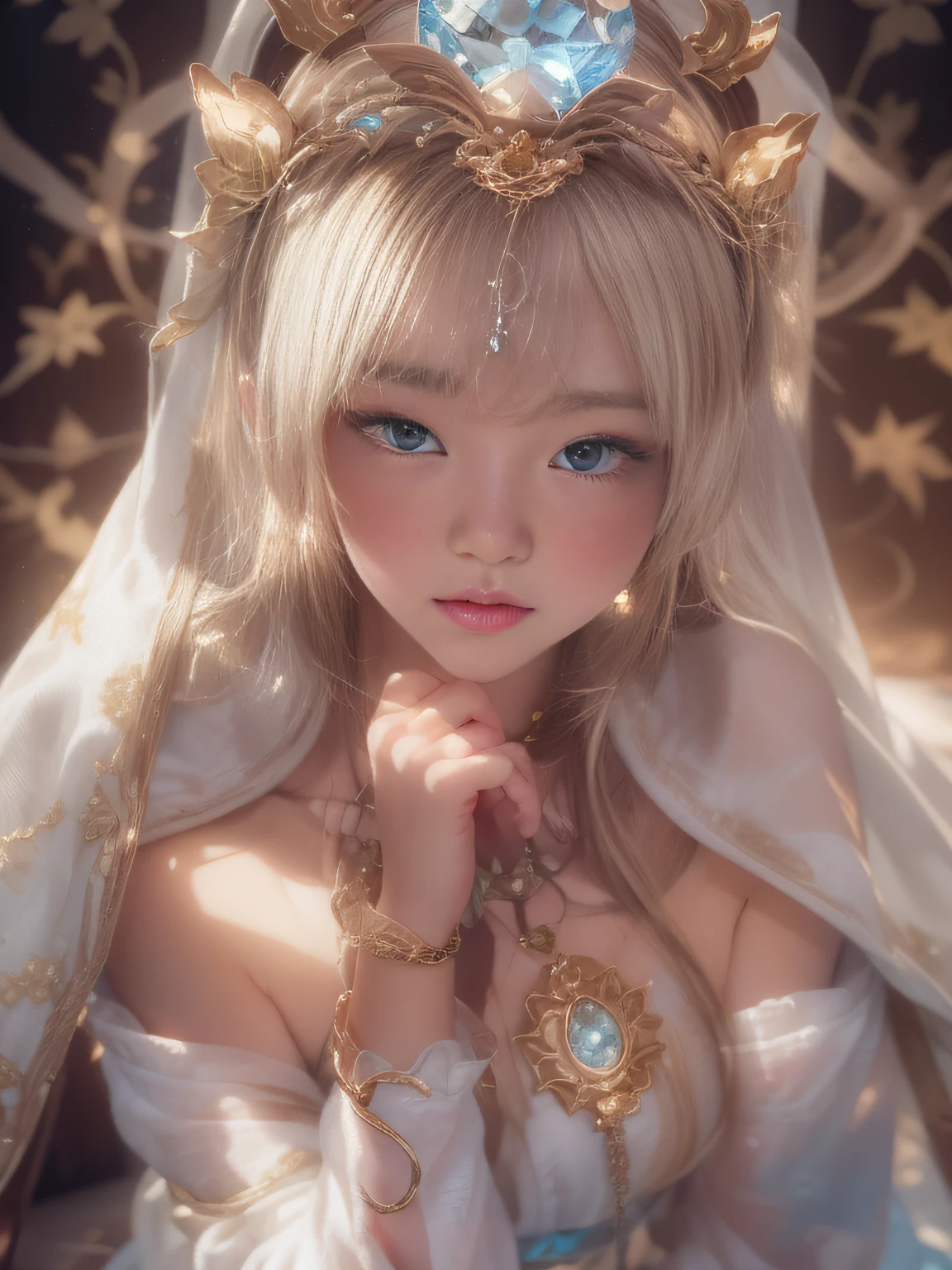 Blonde woman sitting at table in golden white dress, Tokusatsu Heroine, Mysterious Woman,Gemstones and Hoop Crowns,Mysteriously glowing necklace,White cloak,Mysteriously sparkling jewel bangles，He holds a mysterious wand in his left hand，Soft lighting, guweiz, artwork in the style of guweiz, ig model | ArtGerm, A seductive anime girl, Anime girl cosplay, guweiz on pixiv artstation, wlop and sakimichan, range murata and artgerm，((Cool color makeup，Lowered eyebrows、Whitening effect，thin and thin eyebrows，eye bags，Ephemeral Girl，A look tinged with joy))，Very soft lighting，Eight-headed body，light glow，Film grain，Expro II，Lens Flare，Sharpen，cinematic shadow