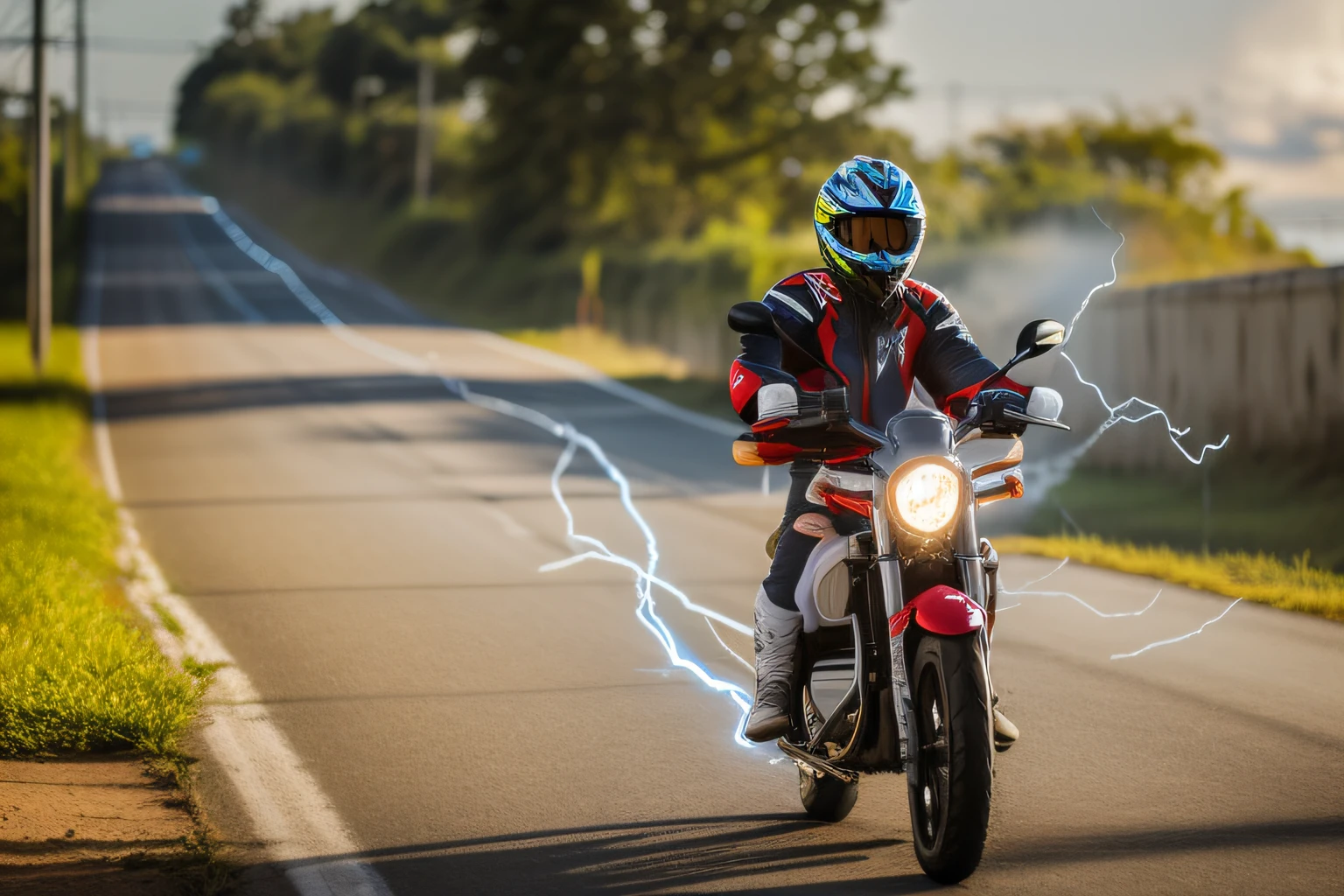 Homem pilotava uma motocicleta com capacete ligado e um raio saindo da traseira, electricity superpowers, eletrizante, andar de moto por uma rua, excesso de velocidade em motocicleta, motociclista, red lightning!!, fork lightning, with lightning bolts, pilotando uma motocicleta, Carregamento pela cidade, lightnings!!!, pilotando uma motocicleta futurista, Aura Jared e Fios